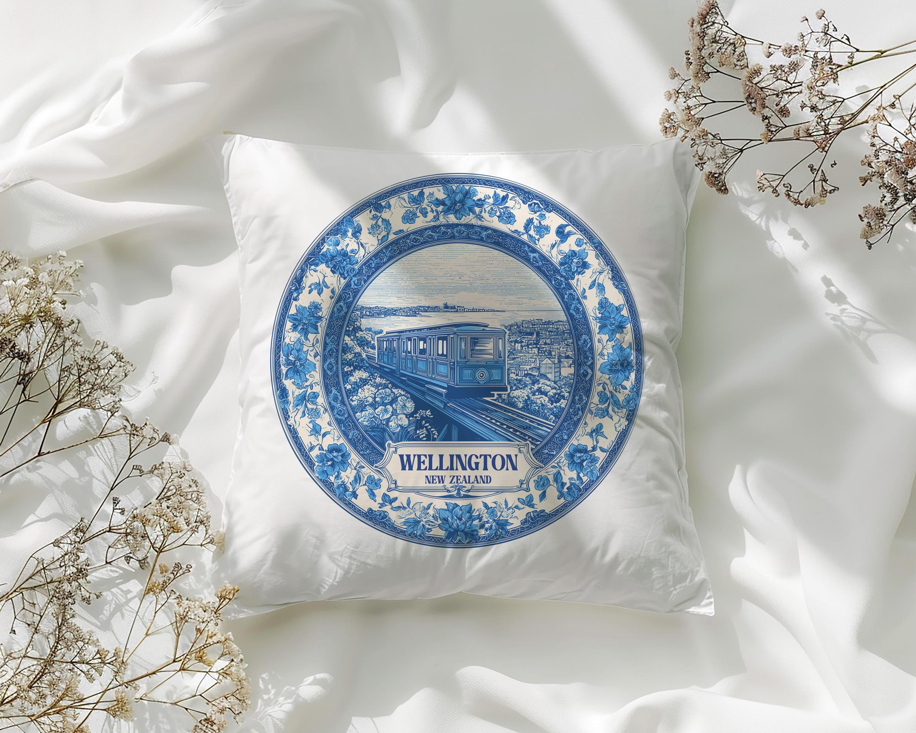Wellington New Zealand Pillowcase, Delft Style Decorative Throw Pillow, Vintage Cityscape Retro Home Decor