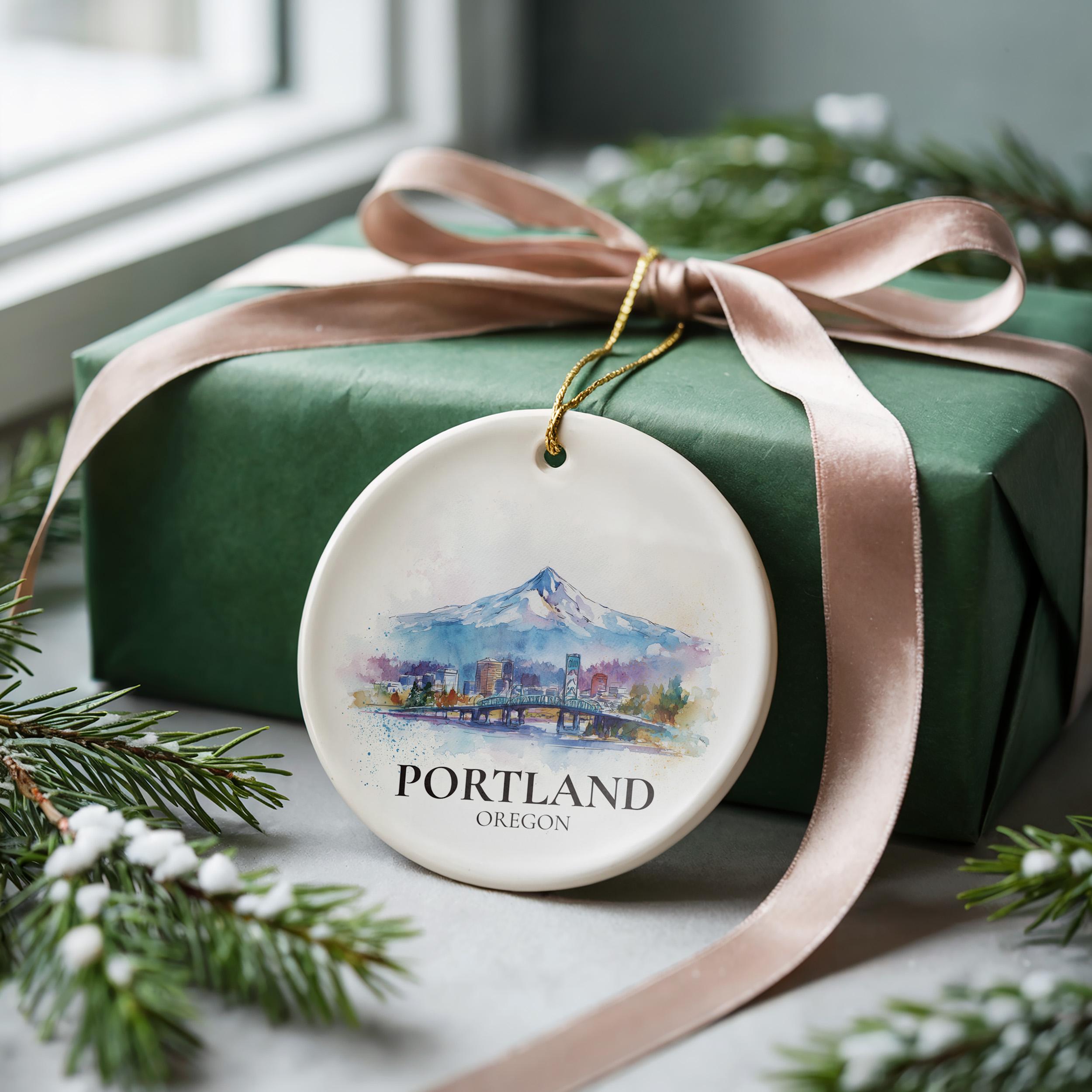 Portland Oregon Personalized Watercolor Ornament, Custom Ceramic Christmas gift, Travel Keepsake