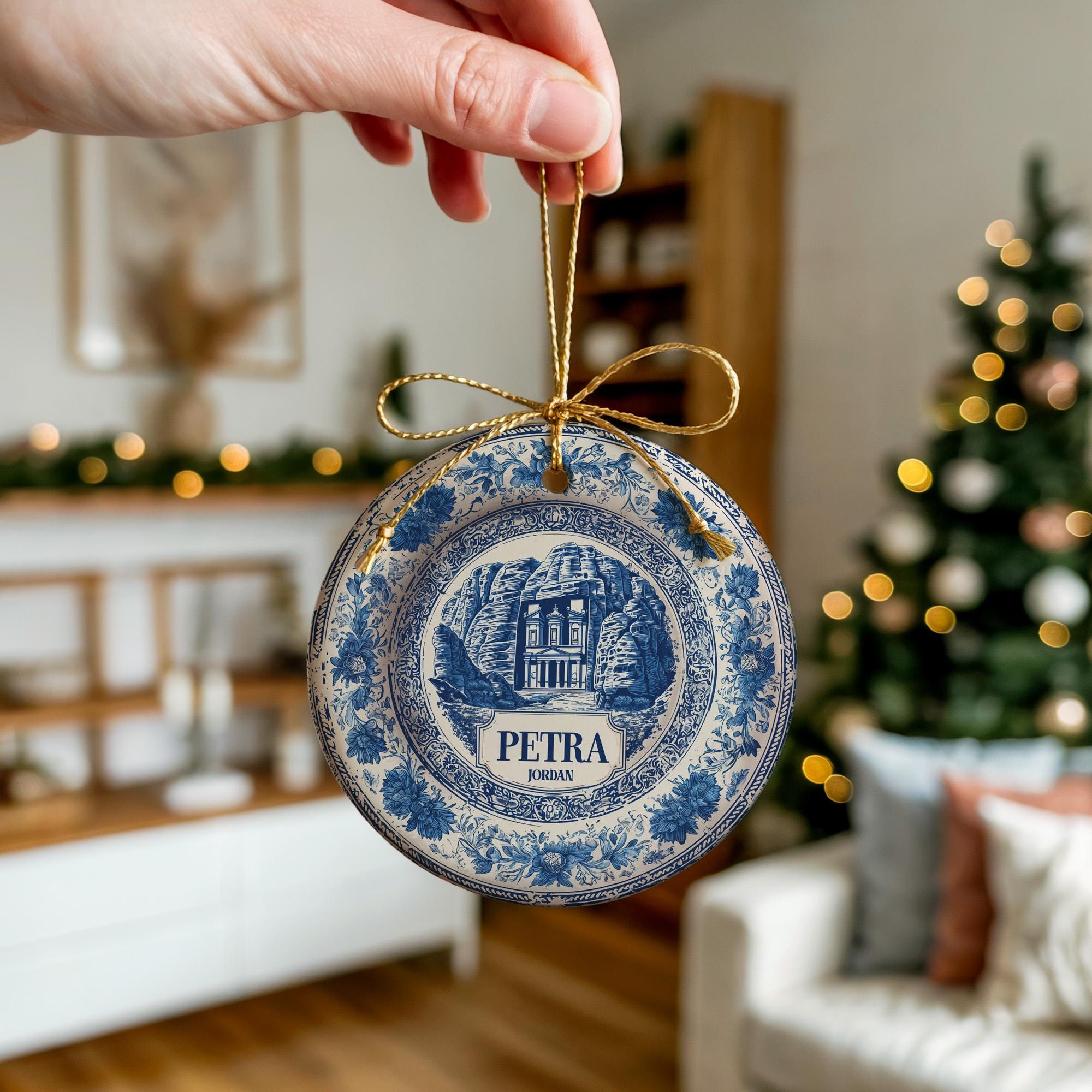 Custom Petra Jordan Ceramic Delft Ornament, Christmas Delftware Blue Delftware city travel