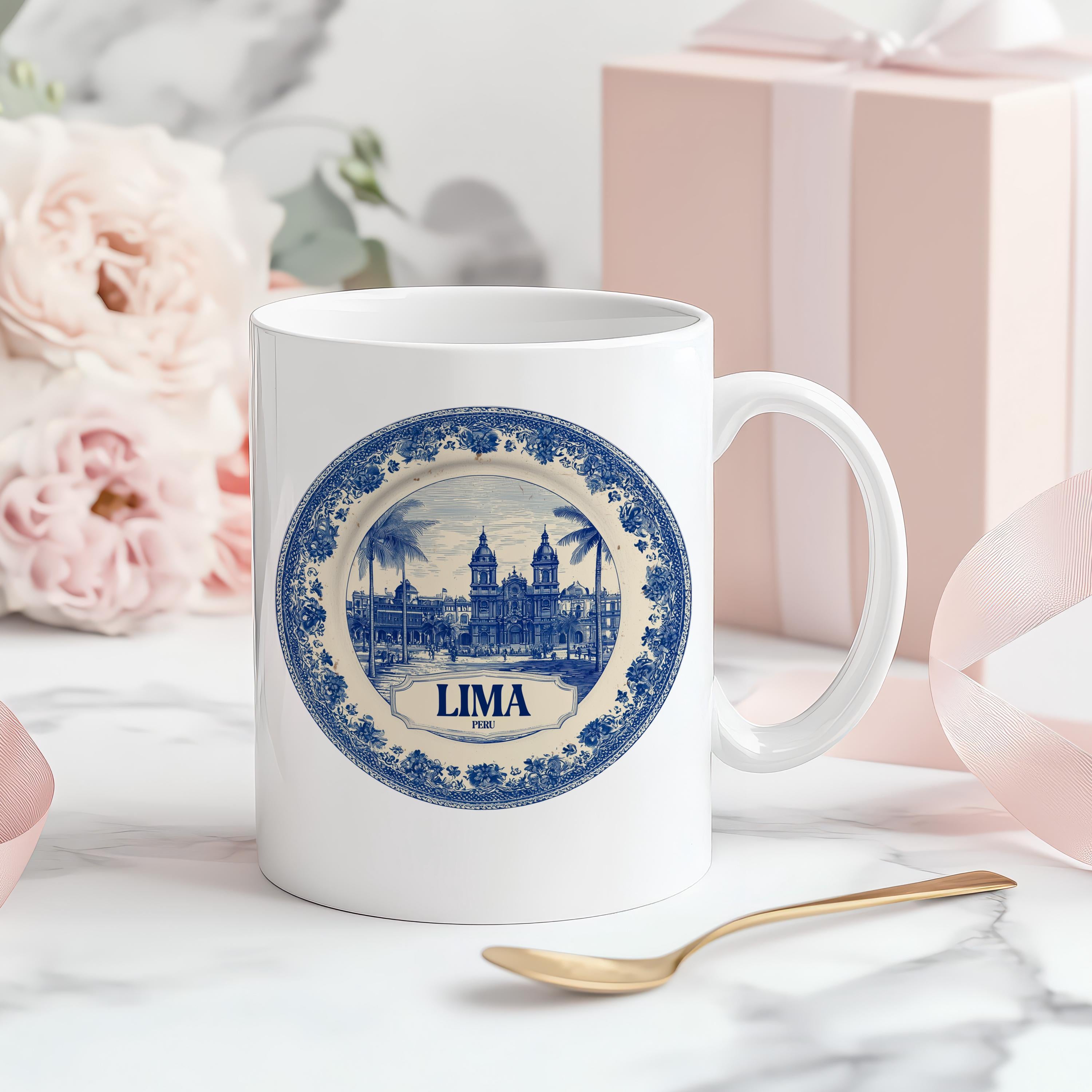 Lima Peru Mug, Custom Delft Style cup, Personalized Vintage Travel City Gift