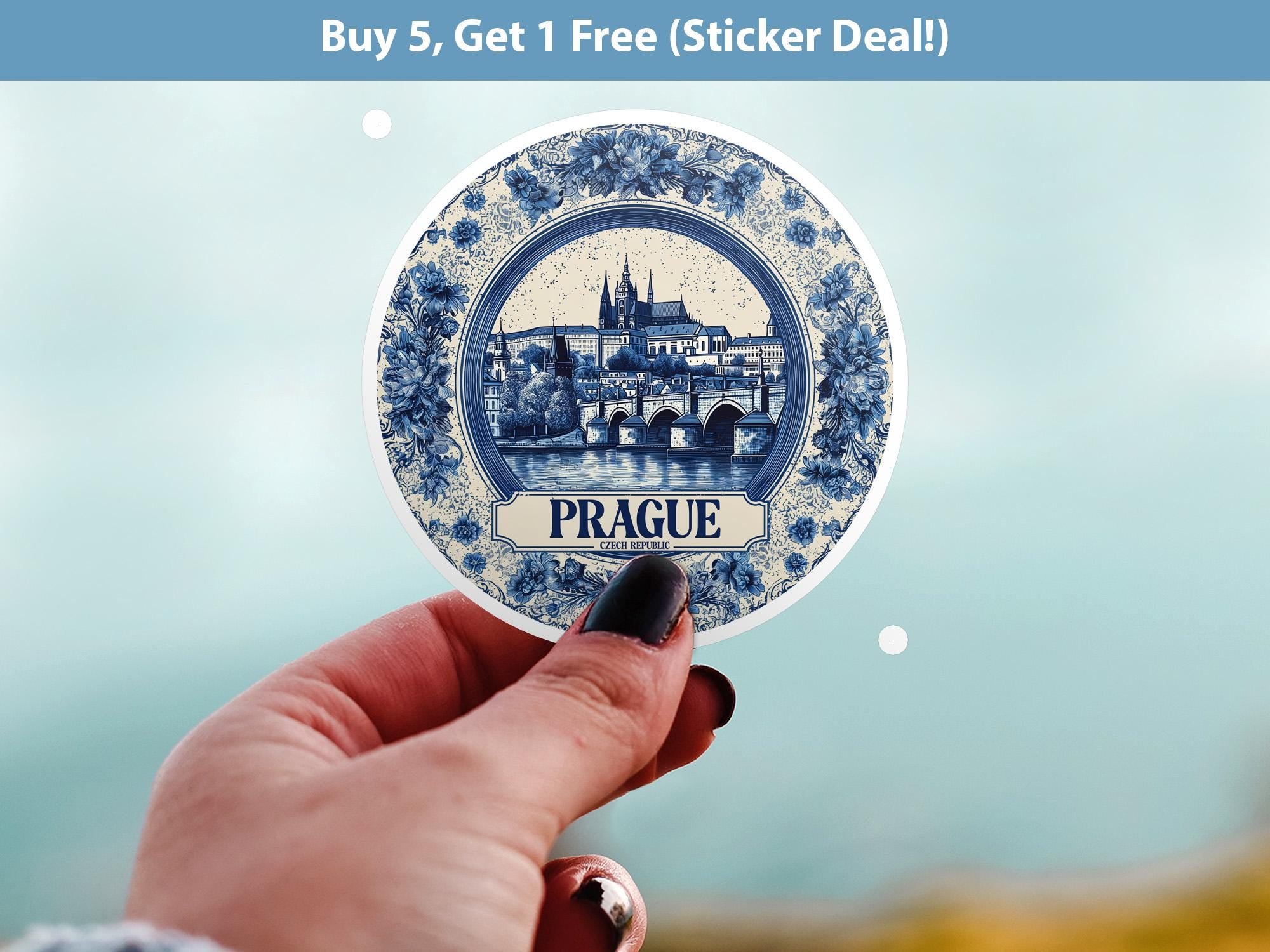 Prague Czech Republic Sticker Vintage Delft style, Delftware Decal Waterproof Vinyl, Blue City Travel