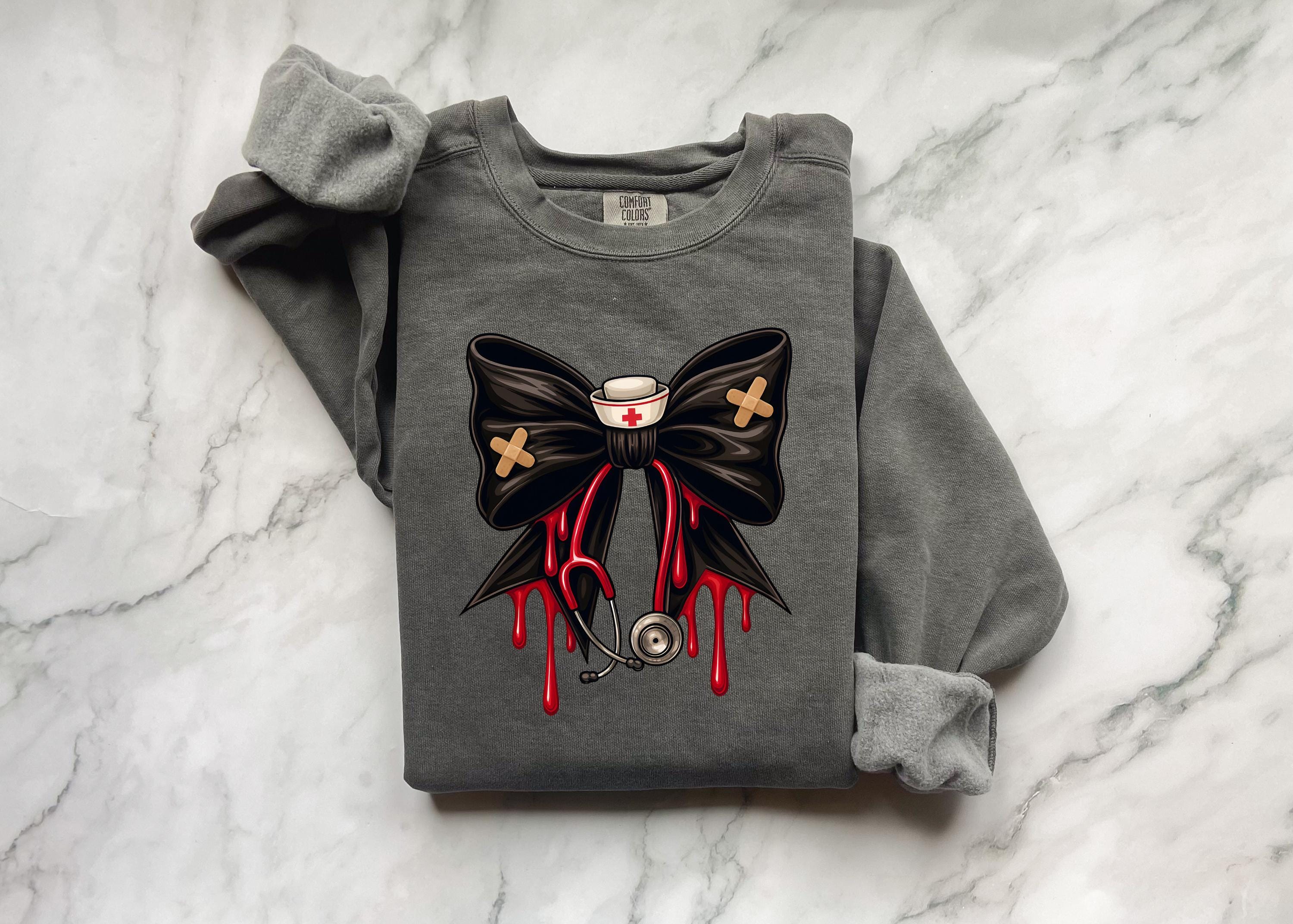 Spooky Nurse Bow Sweatshirt, Halloween Comfort Colors Crewneck, Creepy Cute RN Pullover with Blood Drip Bow, Nurse Gift for Fall