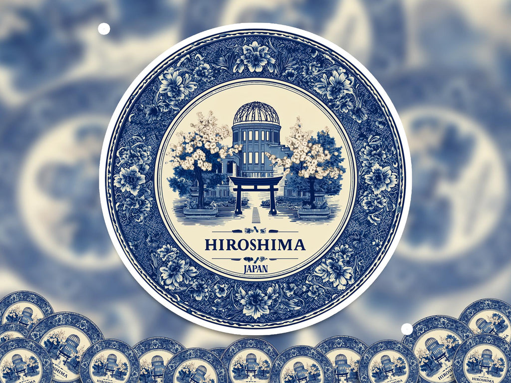 Hiroshima Japan Sticker Vintage Delft style, Delftware Decal Waterproof Vinyl, Blue City Travel