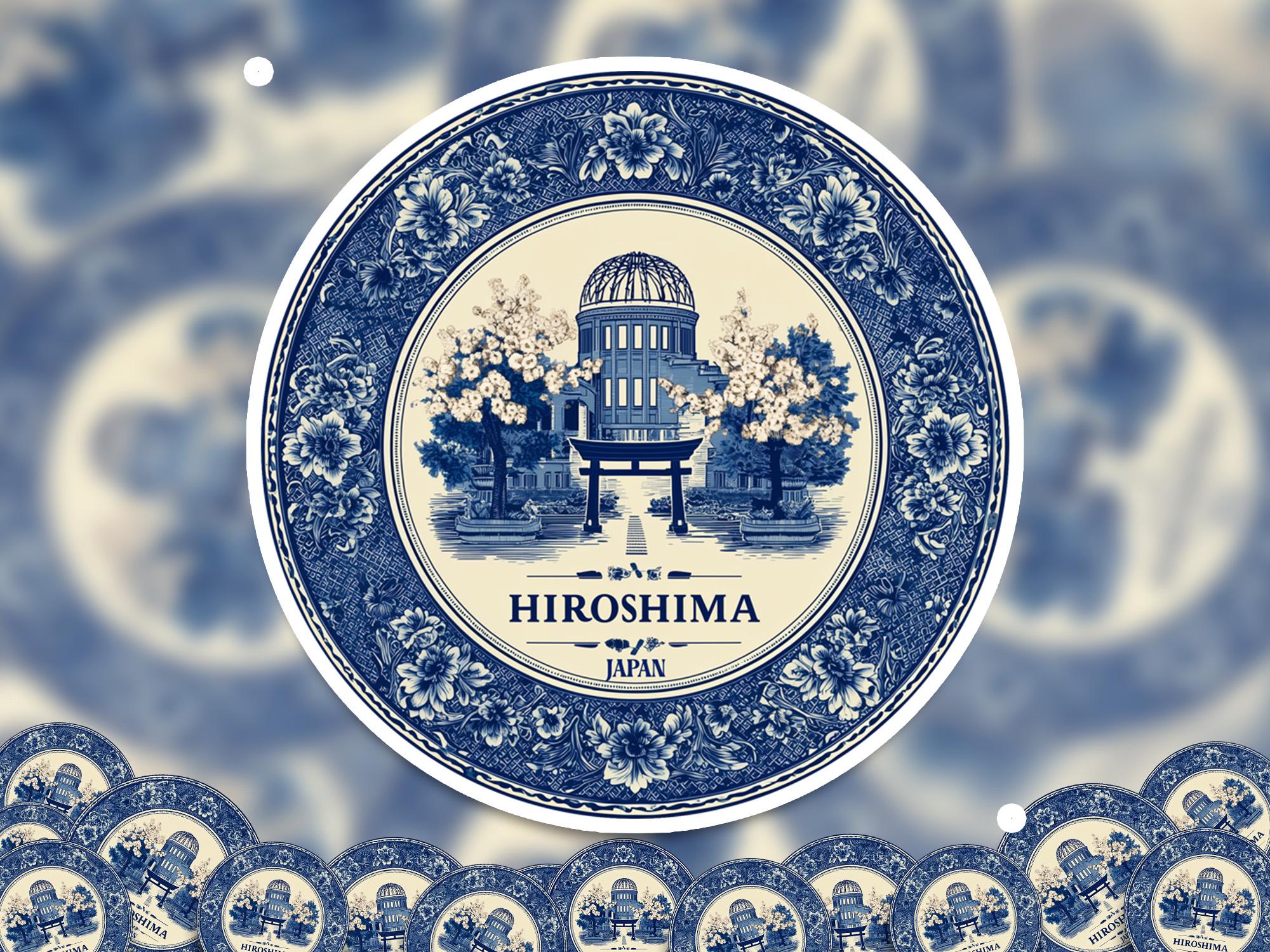Hiroshima Japan Sticker Vintage Delft style, Delftware Decal Waterproof Vinyl, Blue City Travel