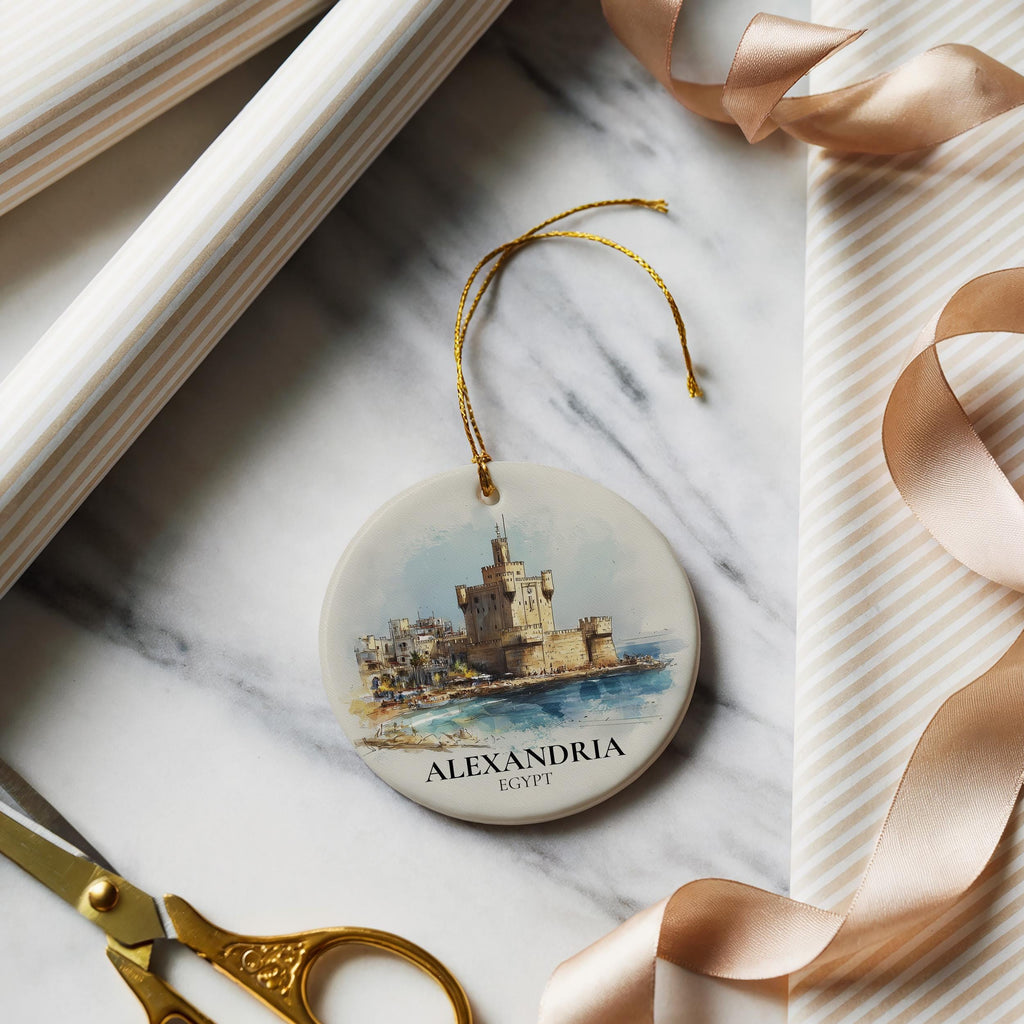 Alexandria Egypt Personalized Watercolor Ornament, Custom Ceramic Christmas gift, Travel Keepsake