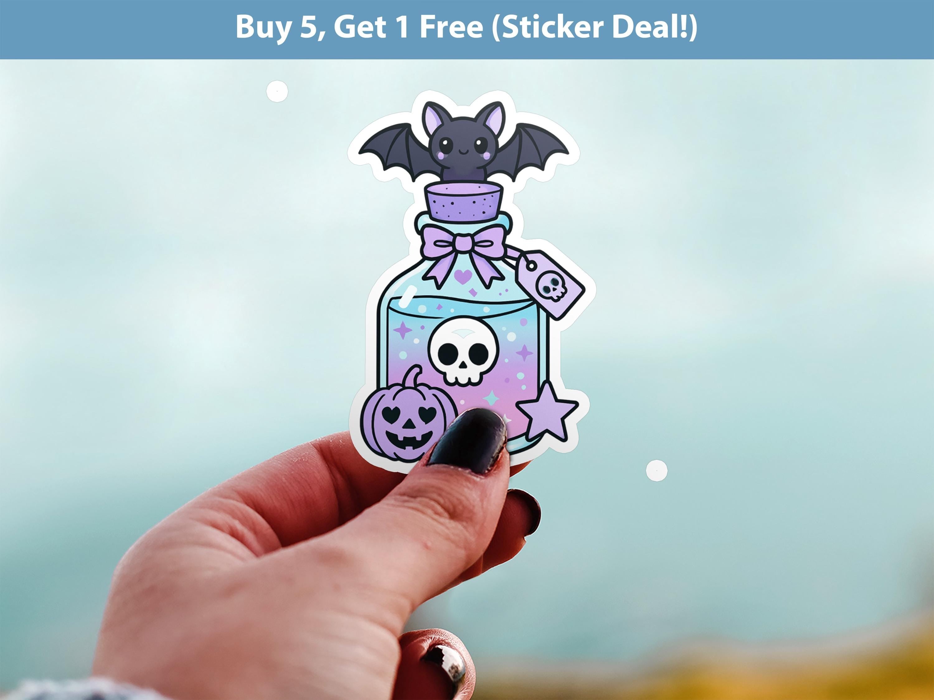 kawaii Bat Potion Sticker, Cute Spooky Bottle Decal, Pink Halloween Goth Vinyl Sticker