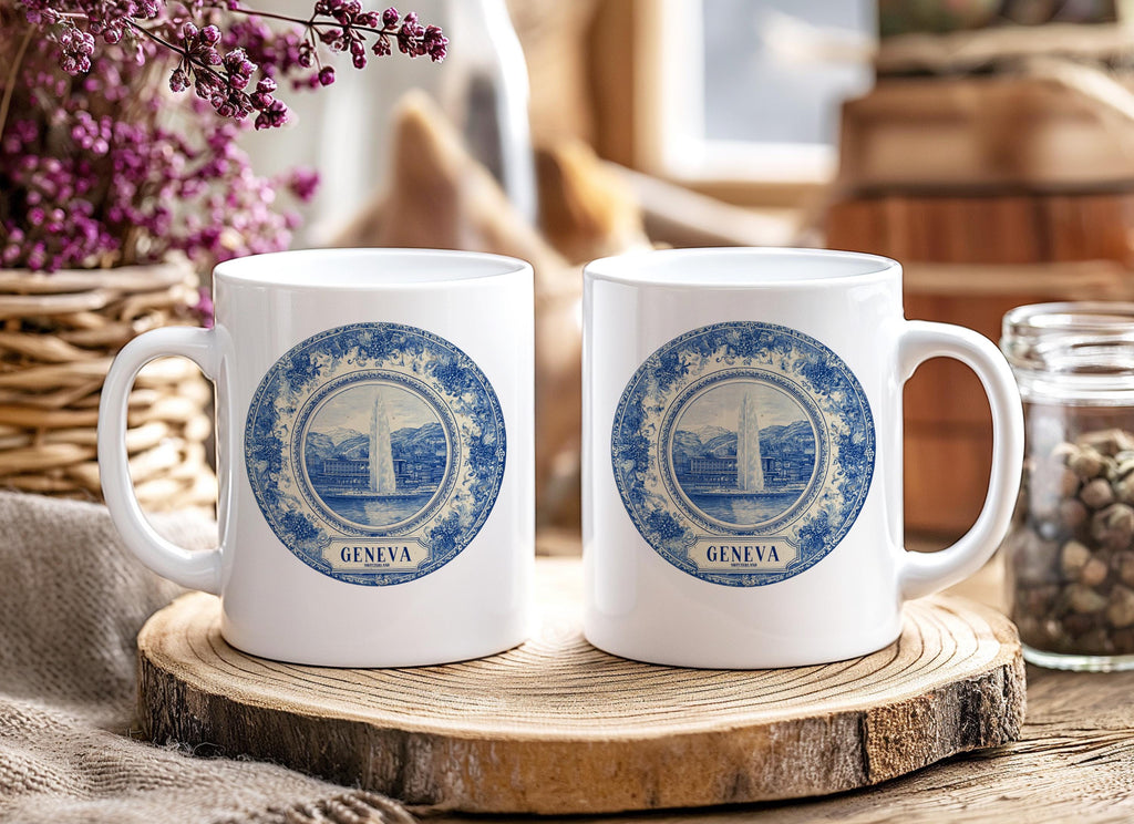 Geneva Switzerland Mug, Custom Delft Style cup, Personalized Vintage Travel City Gift