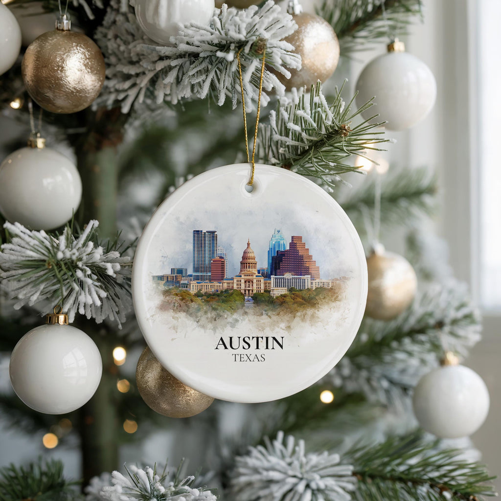 Austin Texas Personalized Watercolor Ornament, Custom Ceramic Christmas gift, Travel Keepsake