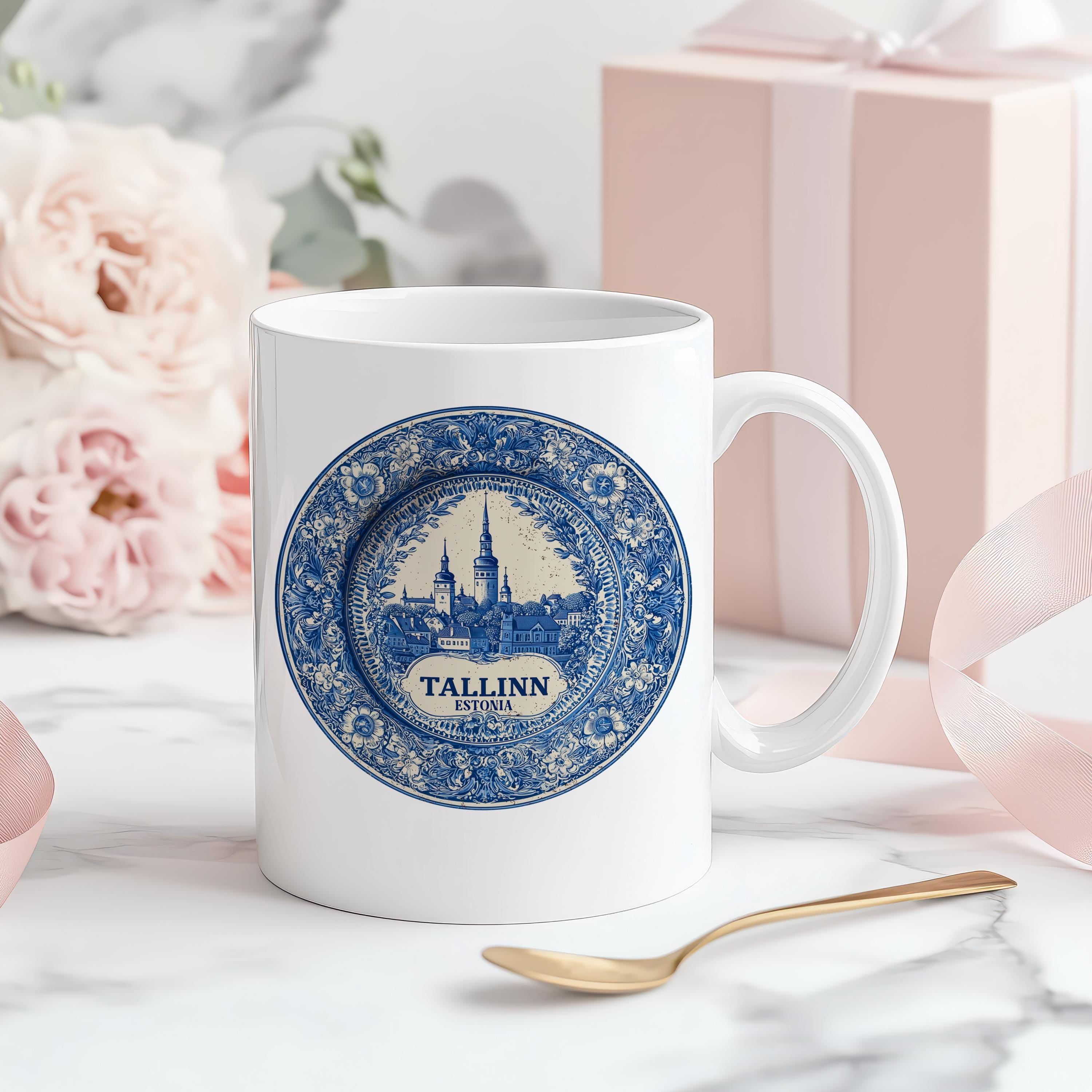 Tallinn Estonia Mug, Custom Delft Style cup, Personalized Vintage Travel City Gift