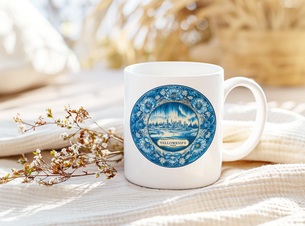 Yellowknife Canada Mug, Custom Delft Style cup, Personalized Vintage Travel City Gift