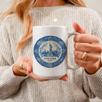 New York City Mug, Custom Delft Style cup, Personalized Vintage Travel City Gift