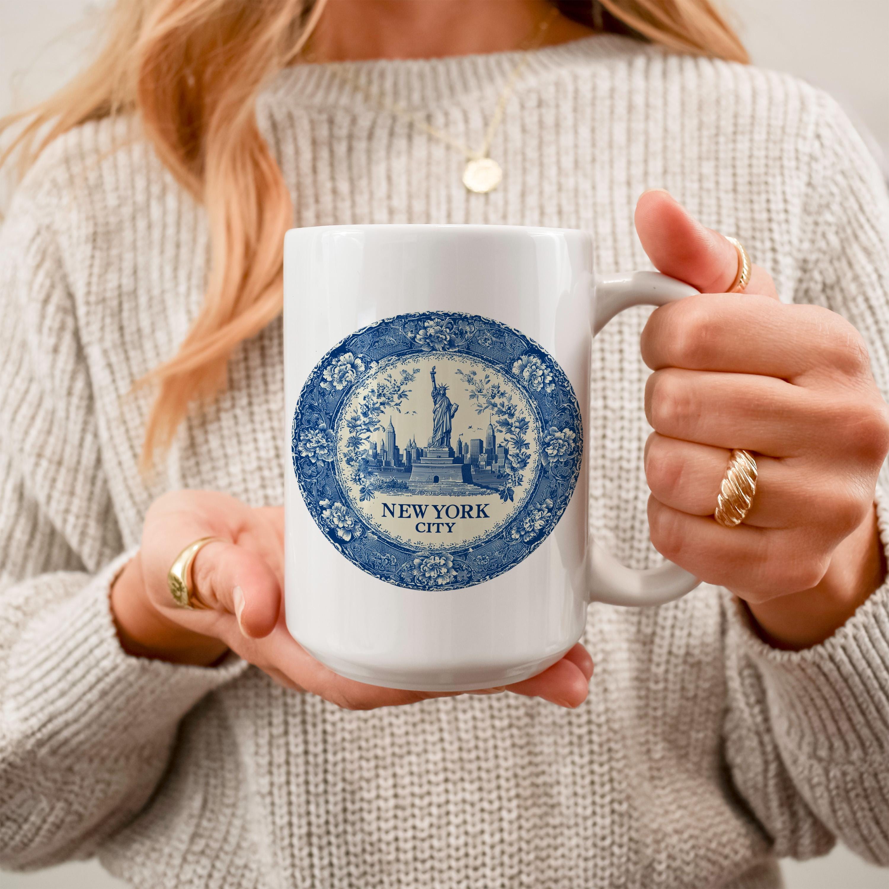 New York City Mug, Custom Delft Style cup, Personalized Vintage Travel City Gift