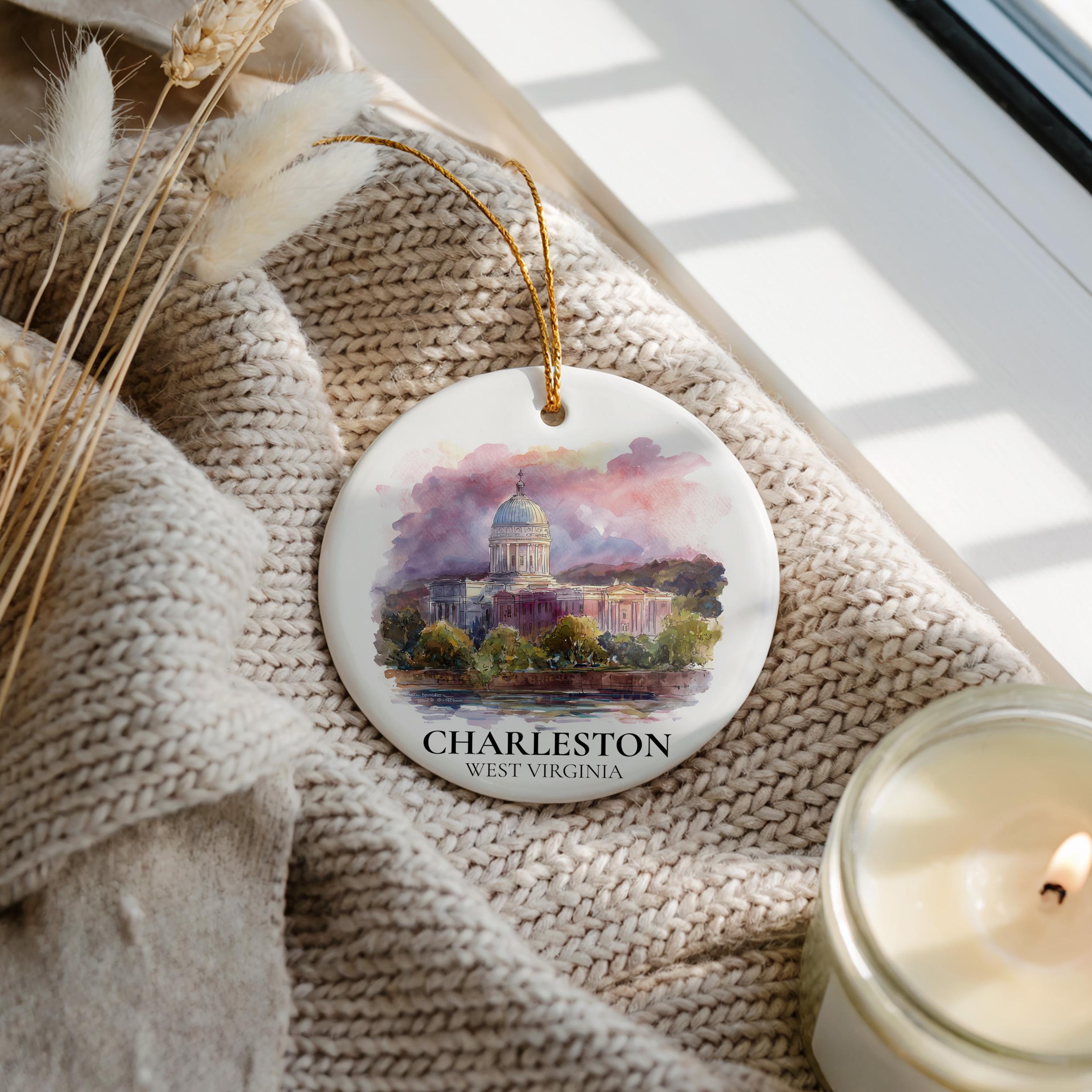 Charleston West Virginia Personalized Watercolor Ornament, Custom Ceramic Christmas gift, Travel Keepsake