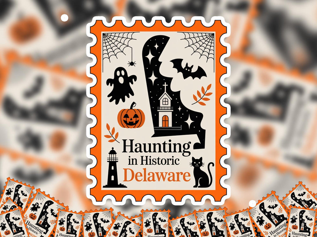 Delaware Stamp Halloween Sticker, Spooky USA Kiss-Cut Vinyl, Waterproof Decal, United States Travel
