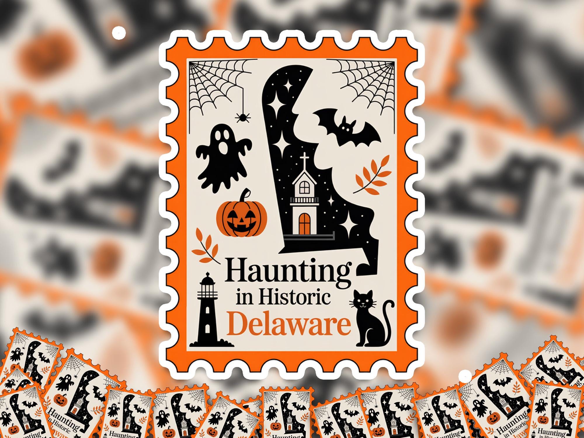 Delaware Stamp Halloween Sticker, Spooky USA Kiss-Cut Vinyl, Waterproof Decal, United States Travel
