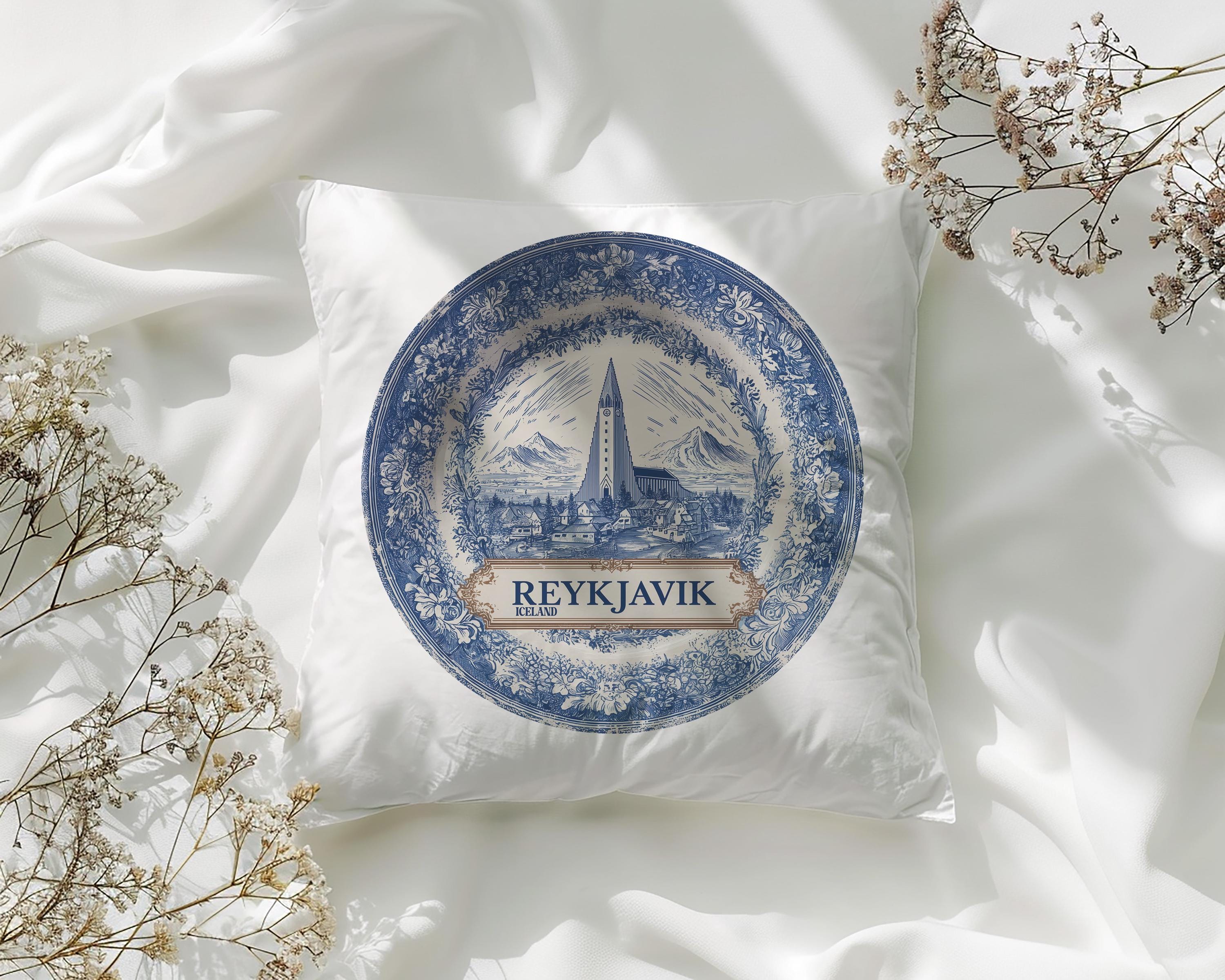 Reykjavik Iceland Pillowcase, Delft Style Decorative Throw Pillow, Vintage Cityscape Retro Home Decor