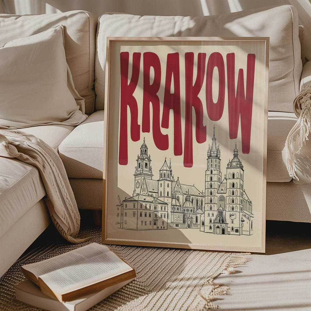 Krakow Poland Skyline Wall Art, Framed Canvas Print, Minimalist Line Art Decor