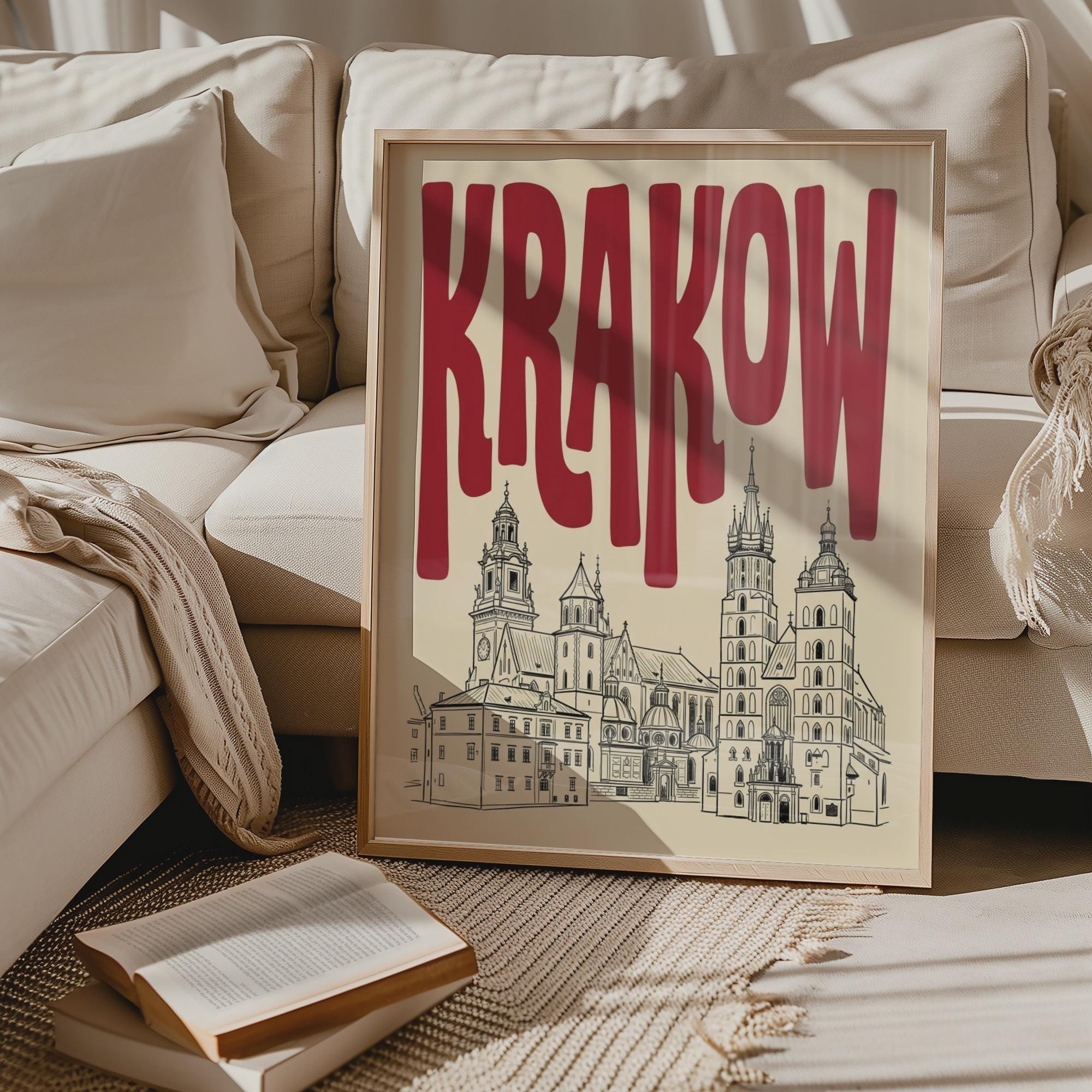 Krakow Poland Skyline Wall Art, Framed Canvas Print, Minimalist Line Art Decor