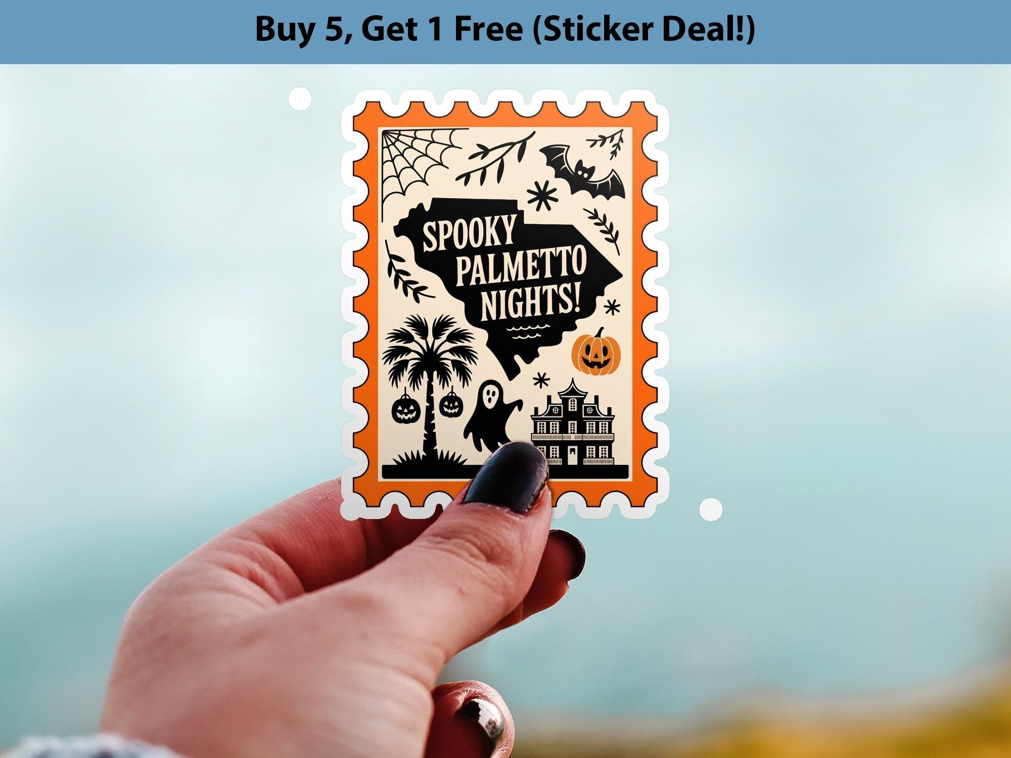 South Carolina Stamp Halloween Sticker, Spooky USA Kiss-Cut Vinyl, Waterproof Decal, United States Travel