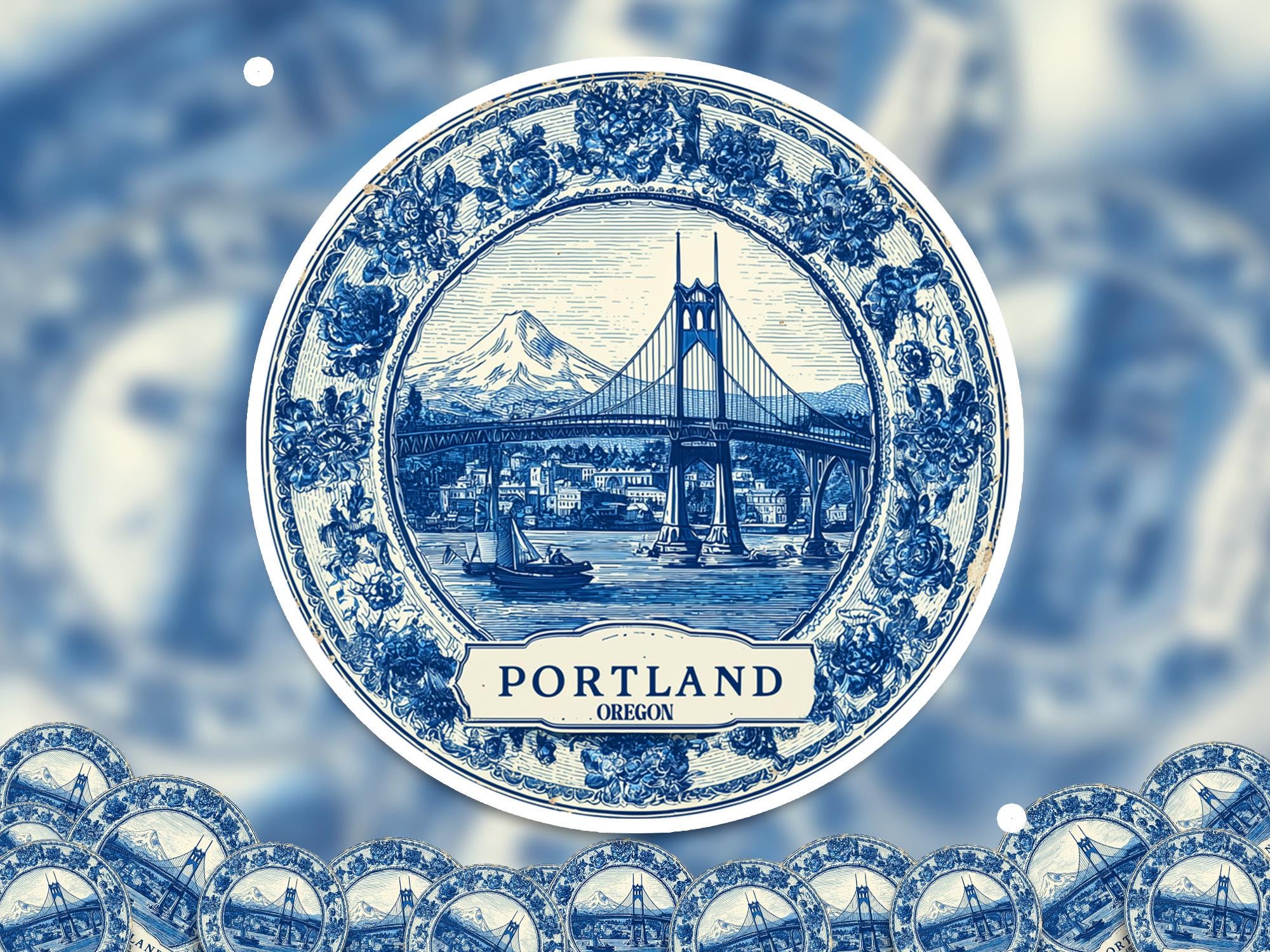 Portland Oregon Sticker Vintage Delft style, Delftware Decal Waterproof Vinyl, Blue City Travel
