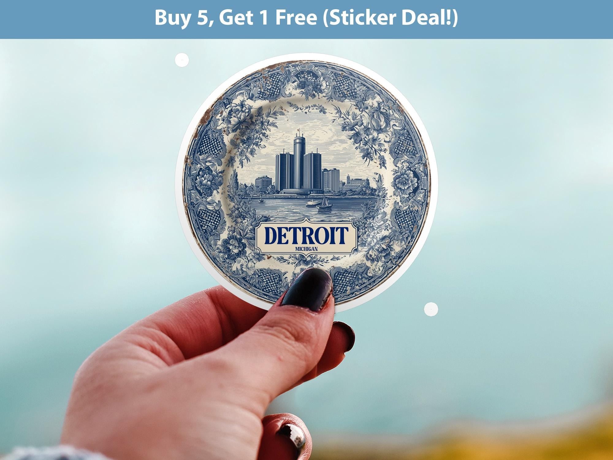Detroit Michigan Sticker Vintage Delft style, Delftware Decal Waterproof Vinyl, Blue City Travel