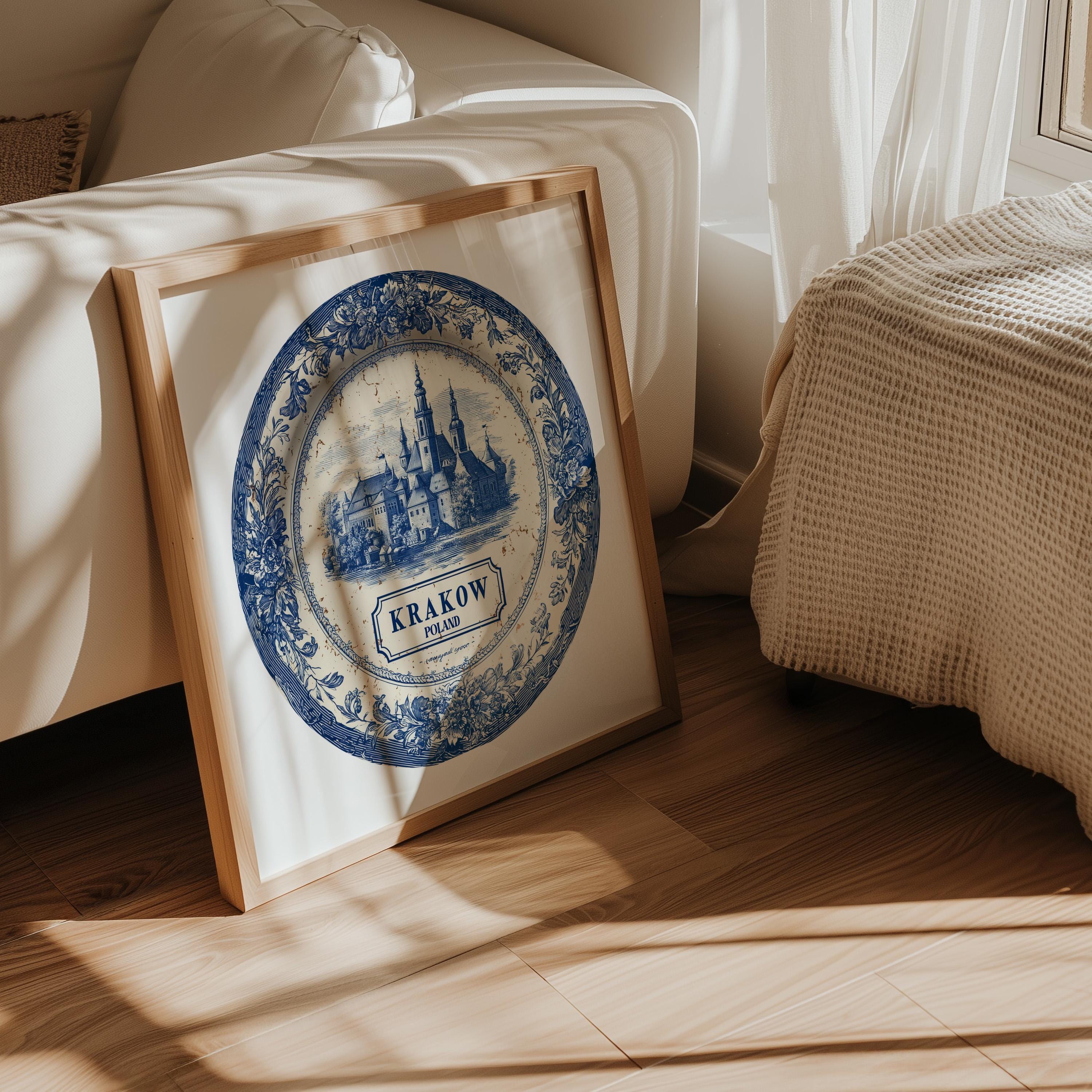 Krakow Poland Wall Art, Vintage Delft Blue Poster, City Print, Travel Home Decor