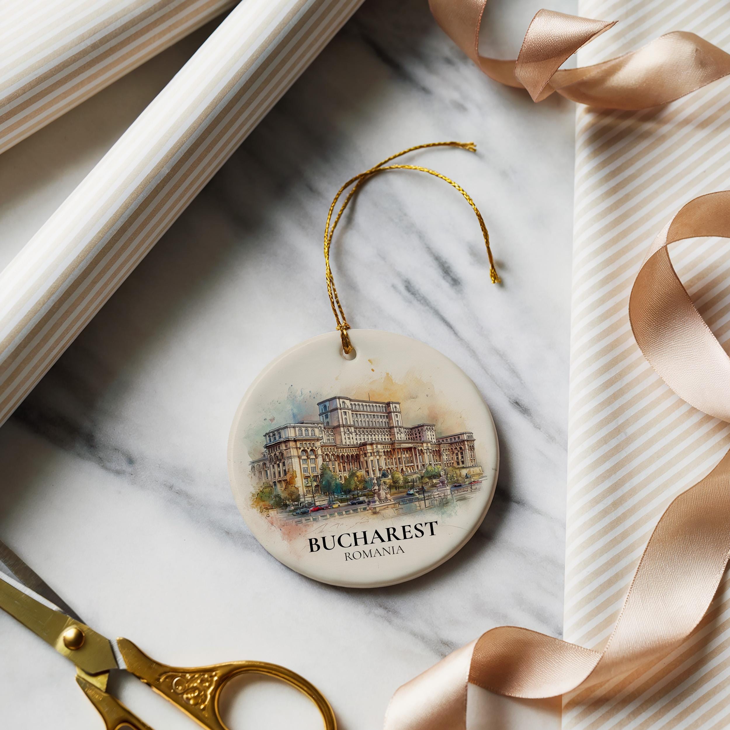 Bucharest Romania Personalized Watercolor Ornament, Custom Ceramic Christmas gift, Travel Keepsake