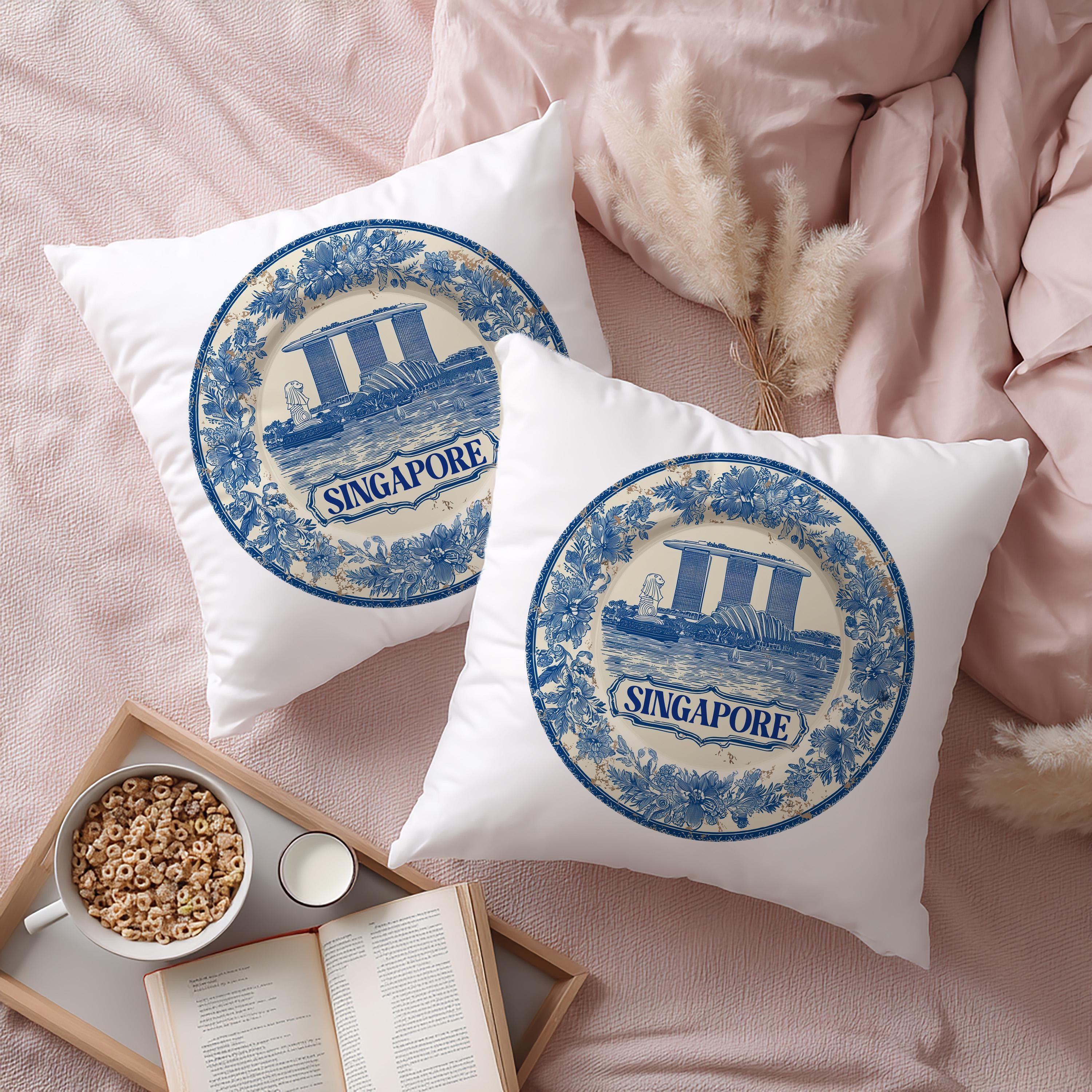 Singapore Pillowcase, Delft Style Decorative Throw Pillow, Vintage Cityscape Retro Home Decor
