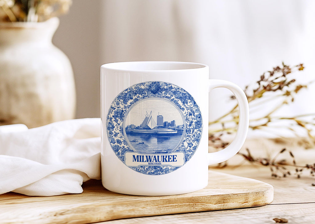 Milwaukee Wisconsin Mug, Custom Delft Style cup, Personalized Vintage Travel City Gift