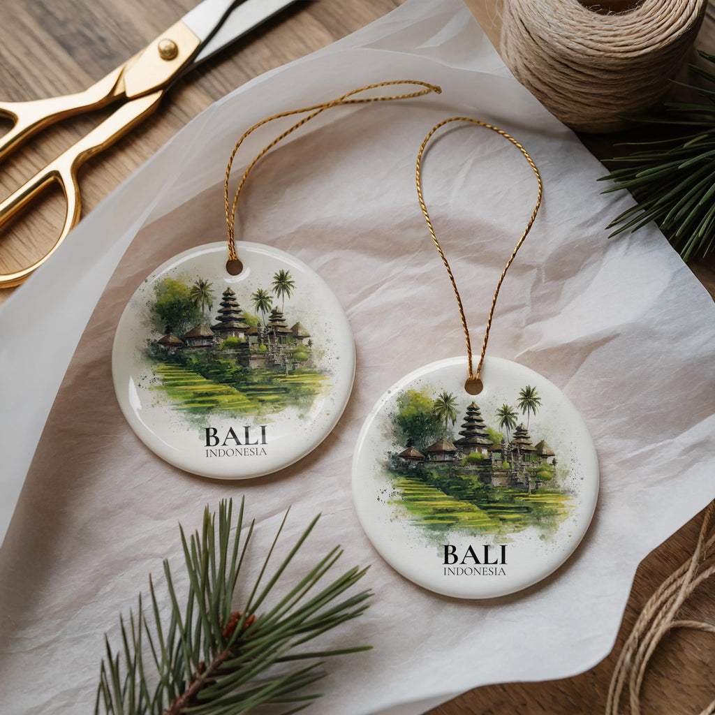 Bali Indonesia Personalized Watercolor Ornament, Custom Ceramic Christmas gift, Travel Keepsake - CuteBeePix