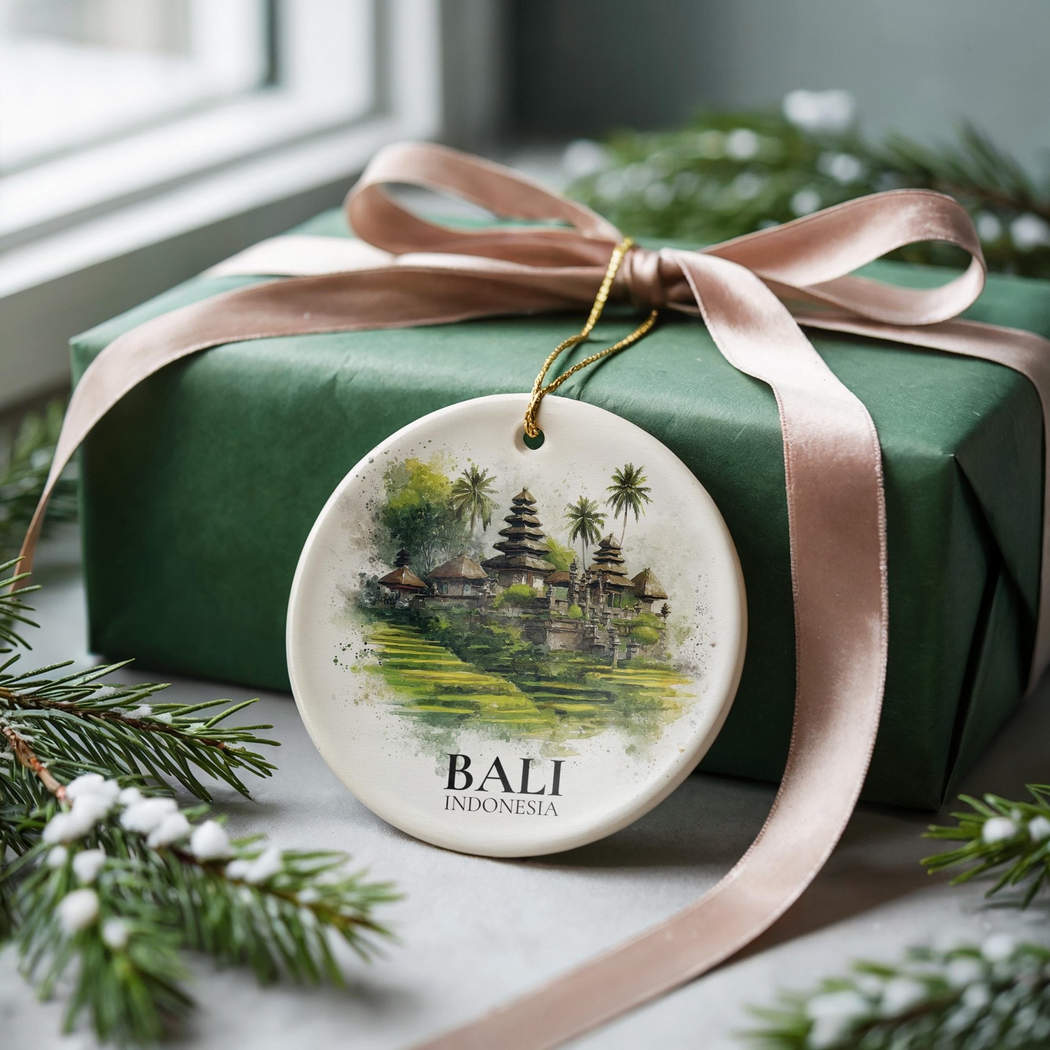 Bali Indonesia Personalized Watercolor Ornament, Custom Ceramic Christmas gift, Travel Keepsake - CuteBeePix