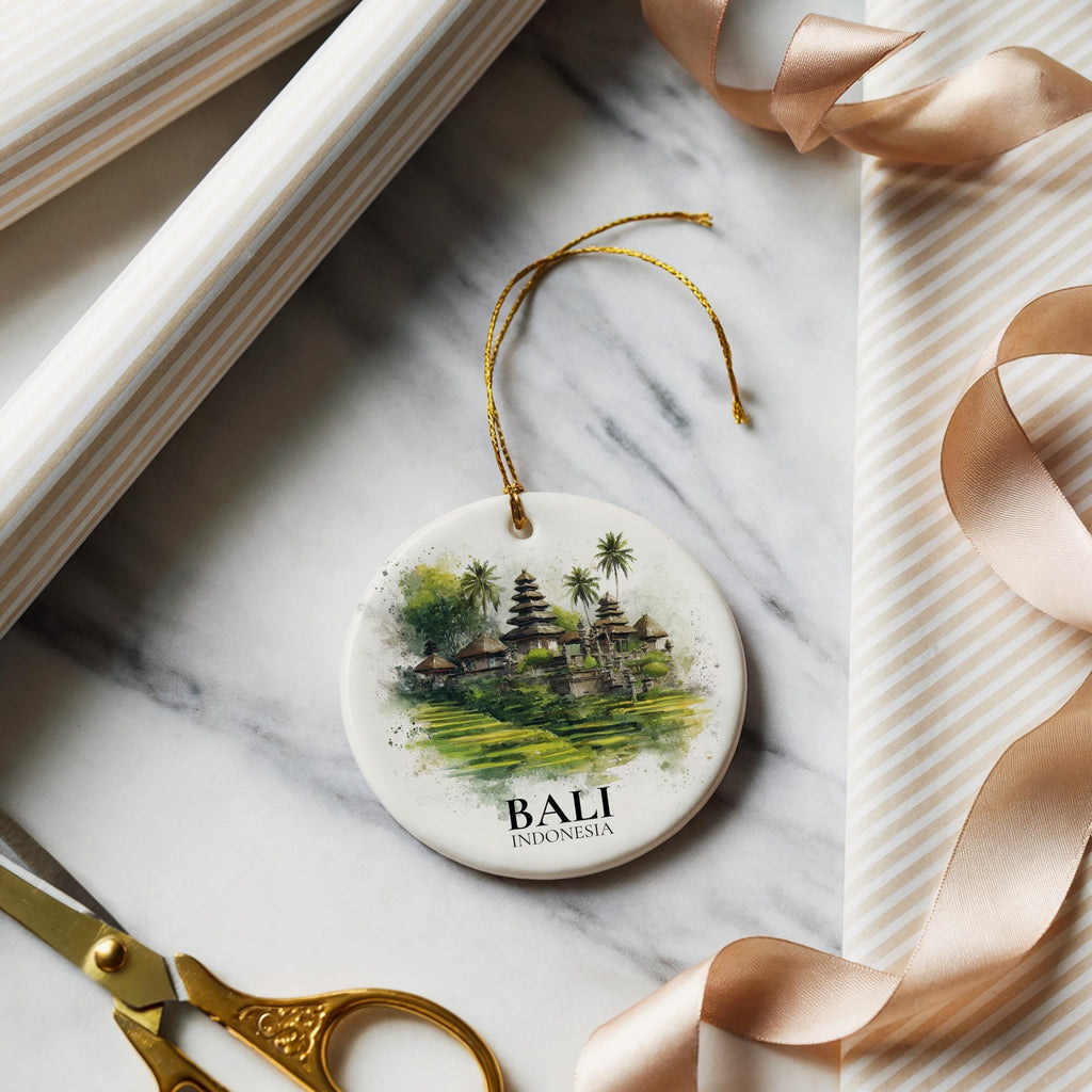 Bali Indonesia Personalized Watercolor Ornament, Custom Ceramic Christmas gift, Travel Keepsake - CuteBeePix