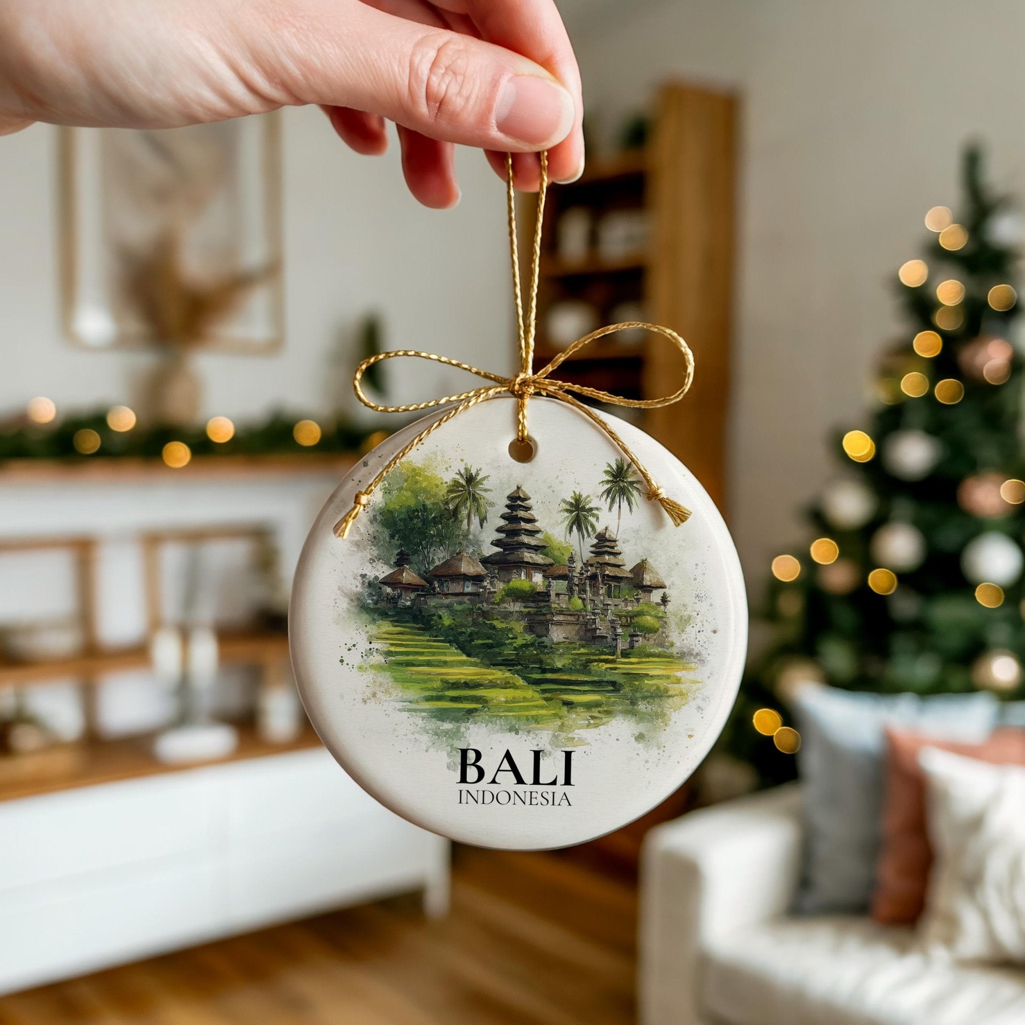 Bali Indonesia Personalized Watercolor Ornament, Custom Ceramic Christmas gift, Travel Keepsake - CuteBeePix
