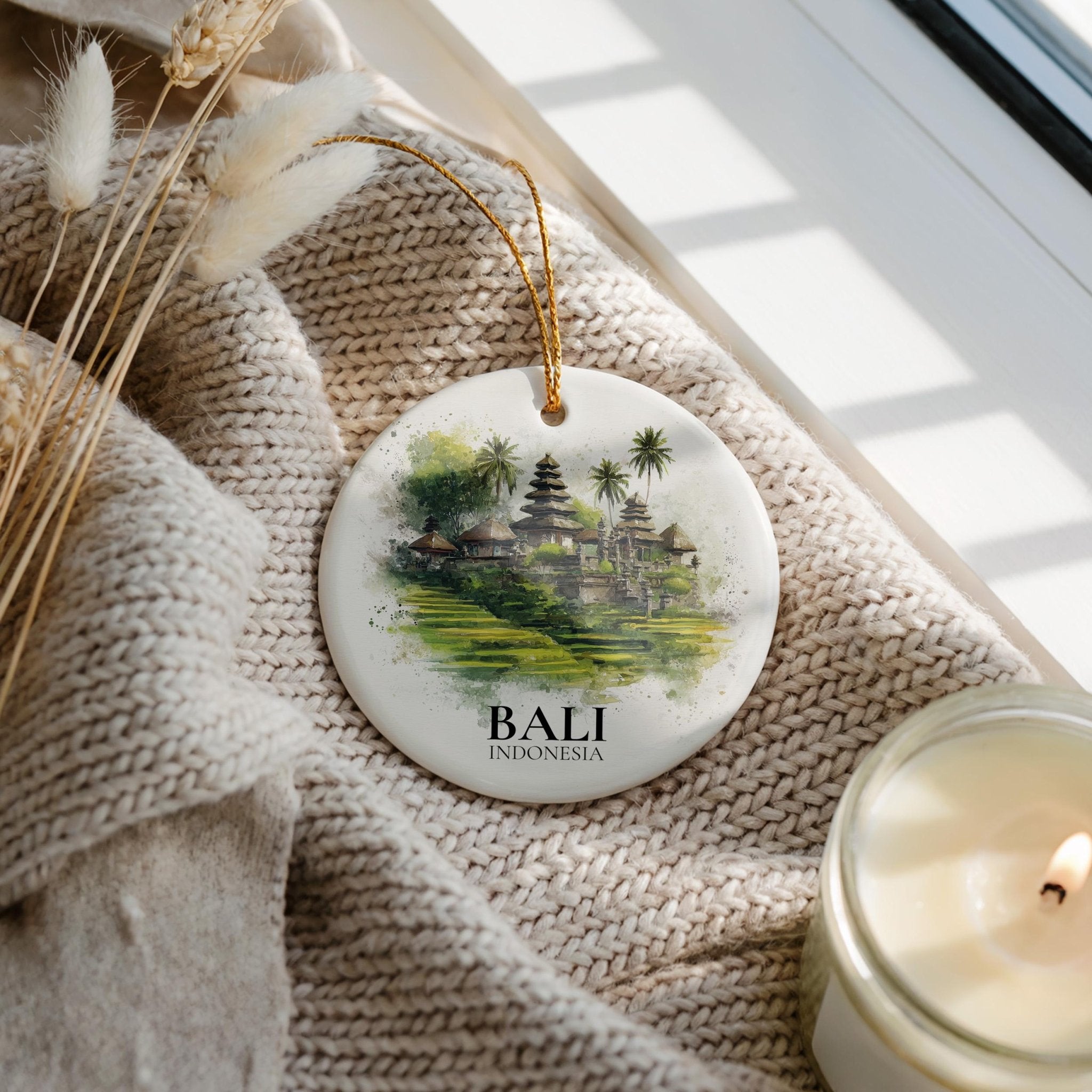 Bali Indonesia Personalized Watercolor Ornament, Custom Ceramic Christmas gift, Travel Keepsake - CuteBeePix