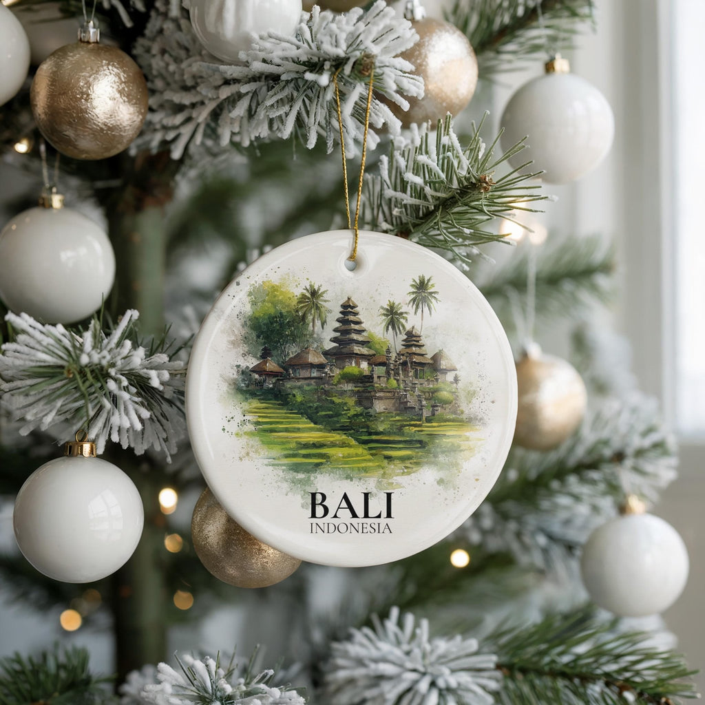 Bali Indonesia Personalized Watercolor Ornament, Custom Ceramic Christmas gift, Travel Keepsake - CuteBeePix