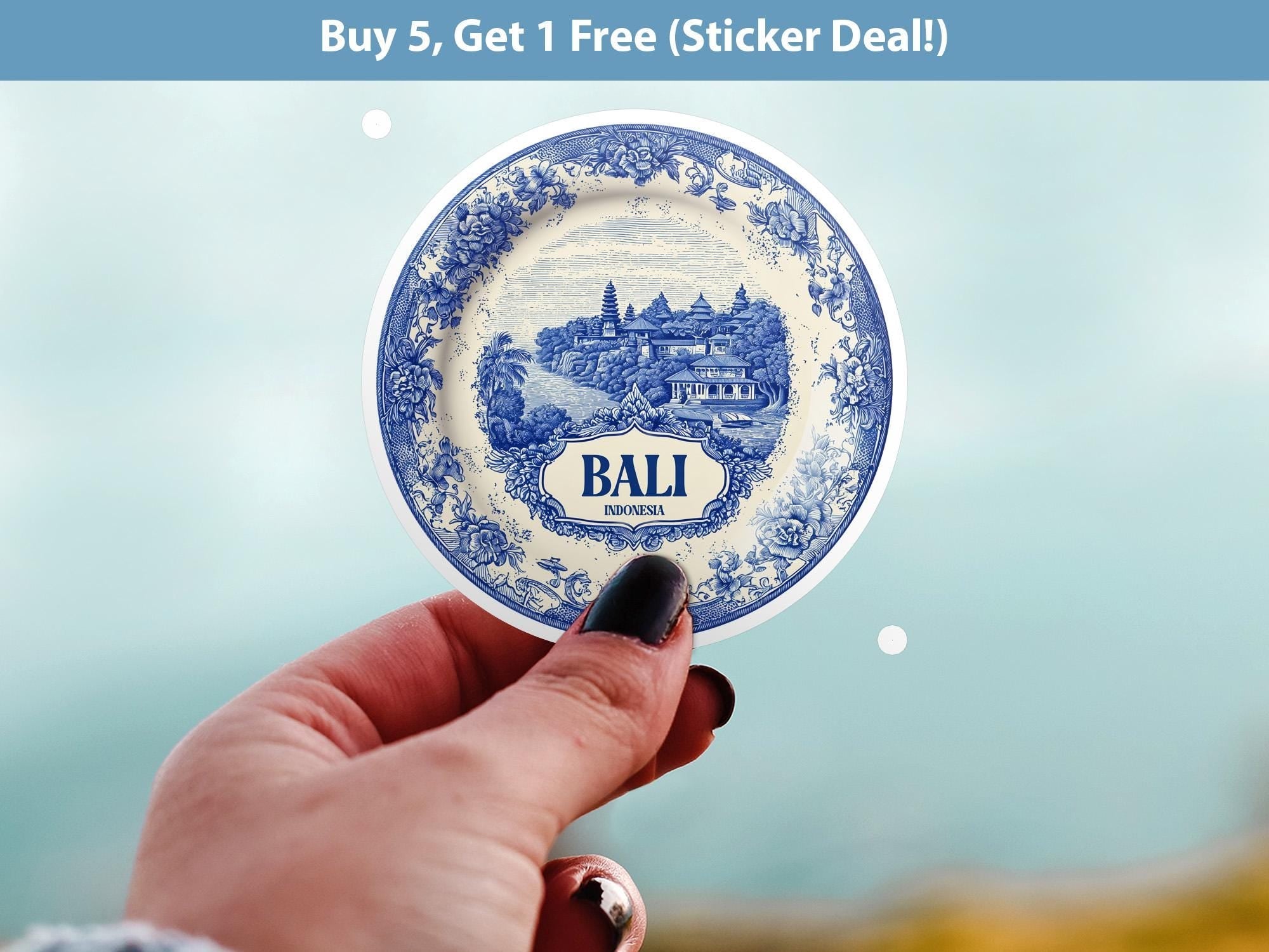 Bali Indonesia Sticker Vintage Delft style, Delftware Decal Waterproof Vinyl, Blue City Travel - CuteBeePix