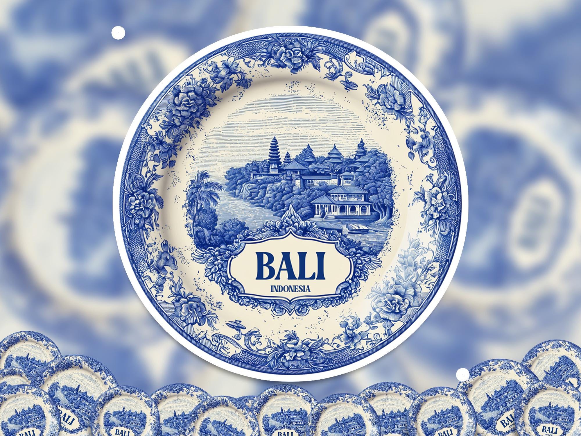 Bali Indonesia Sticker Vintage Delft style, Delftware Decal Waterproof Vinyl, Blue City Travel - CuteBeePix