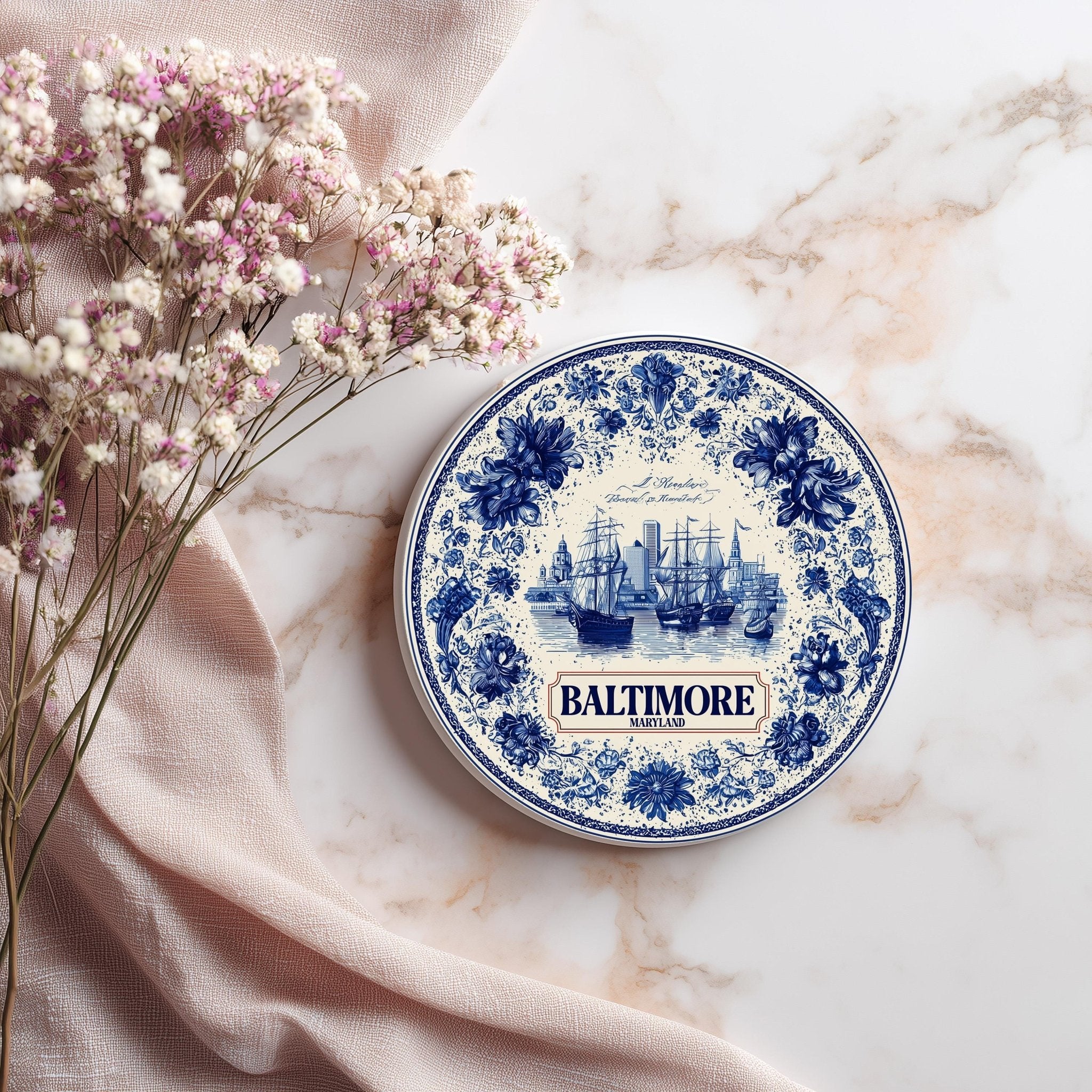 Baltimore Maryland Delftware Ceramic Coaster, Blue White Travel Gift, Vintage Home Decor Collectible - CuteBeePix