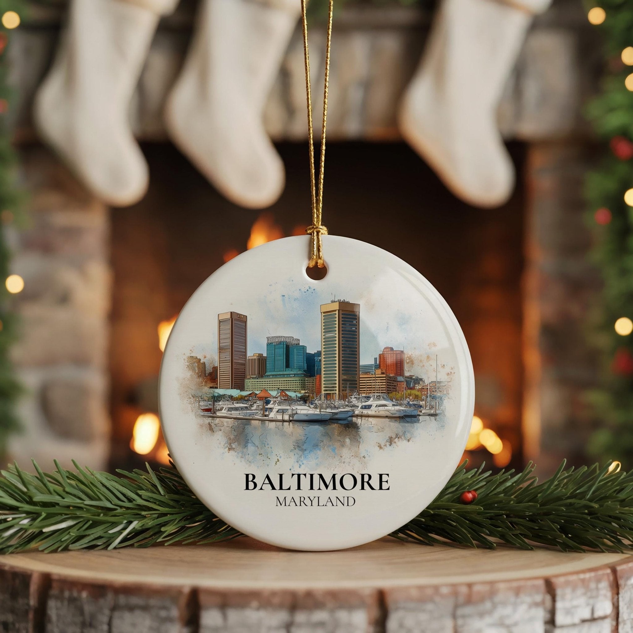 Baltimore Maryland Personalized Watercolor Ornament, Custom Ceramic Christmas gift, Travel Keepsake - CuteBeePix