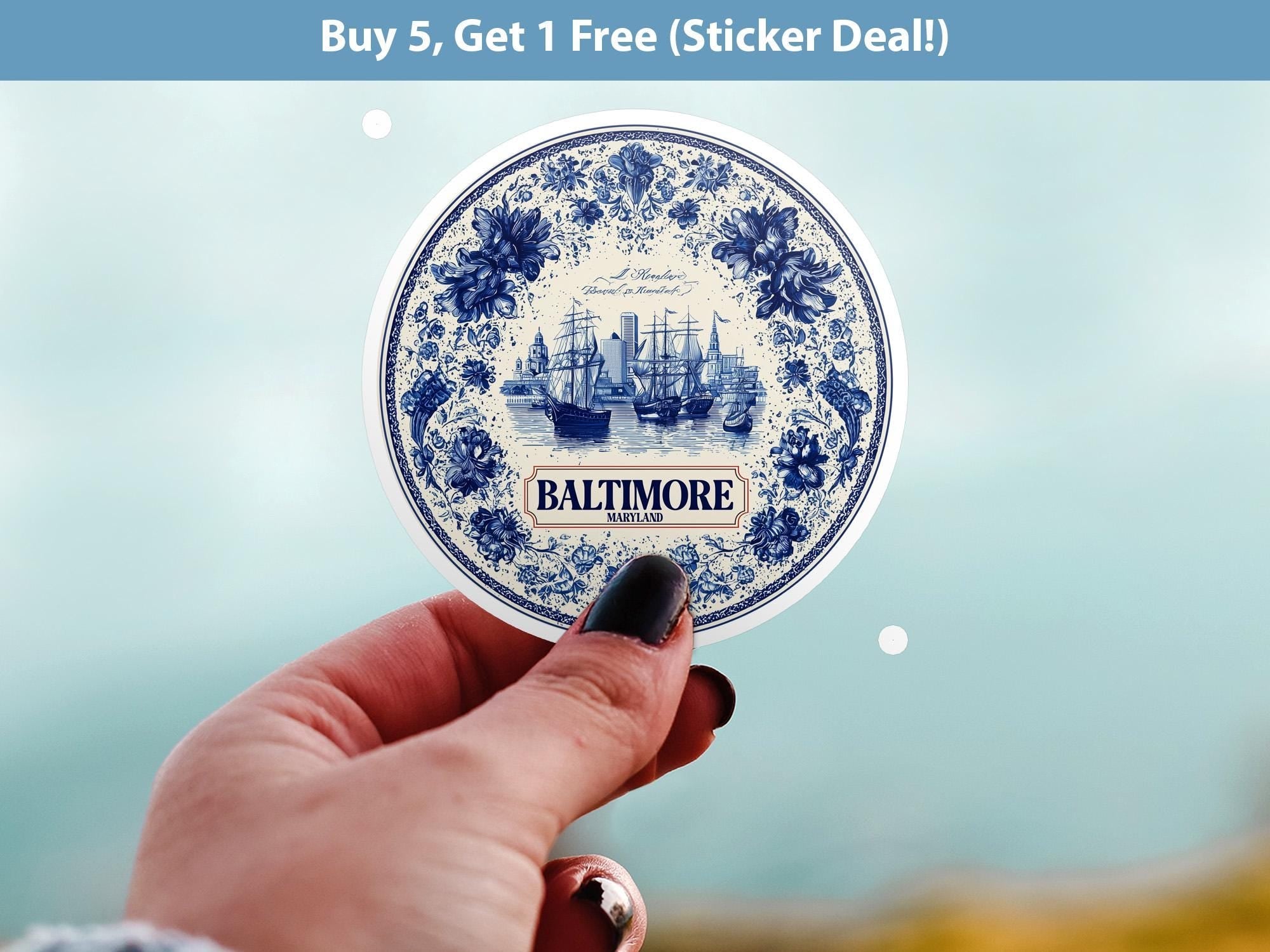 Baltimore Maryland Sticker Vintage Delft style, Delftware Decal Waterproof Vinyl, Blue City Travel USA - CuteBeePix