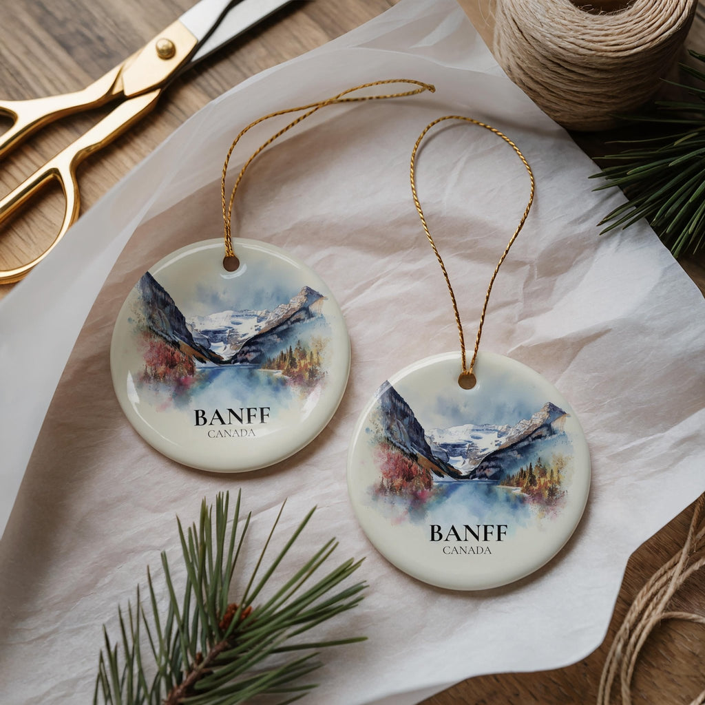 Banff National Park Canada Personalized Watercolor Ornament, Custom Ceramic Christmas gift, Travel Keepsake - CuteBeePix