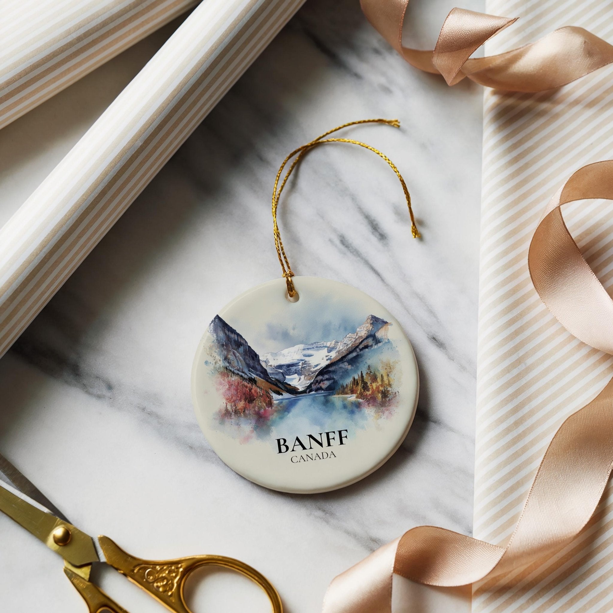 Banff National Park Canada Personalized Watercolor Ornament, Custom Ceramic Christmas gift, Travel Keepsake - CuteBeePix