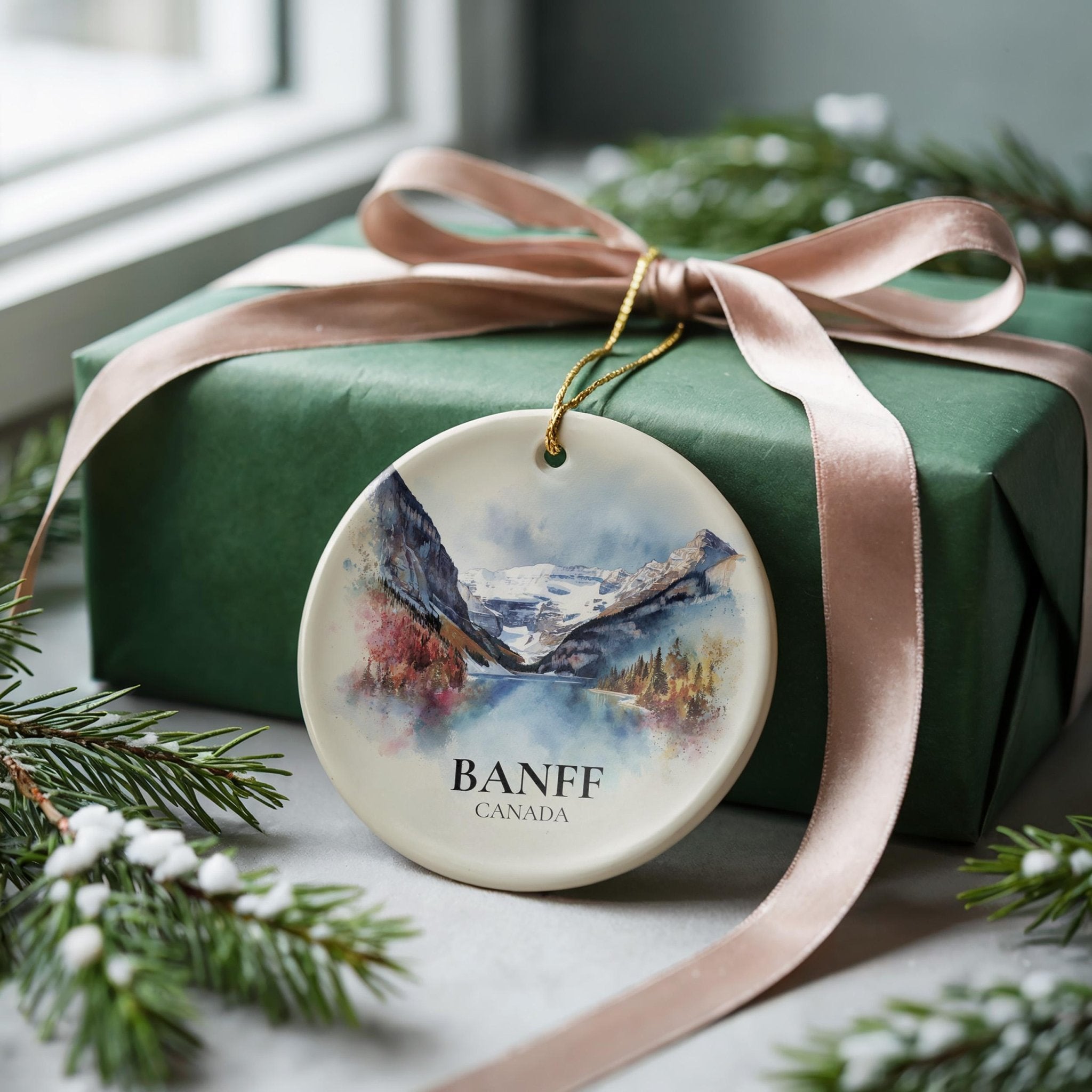 Banff National Park Canada Personalized Watercolor Ornament, Custom Ceramic Christmas gift, Travel Keepsake - CuteBeePix