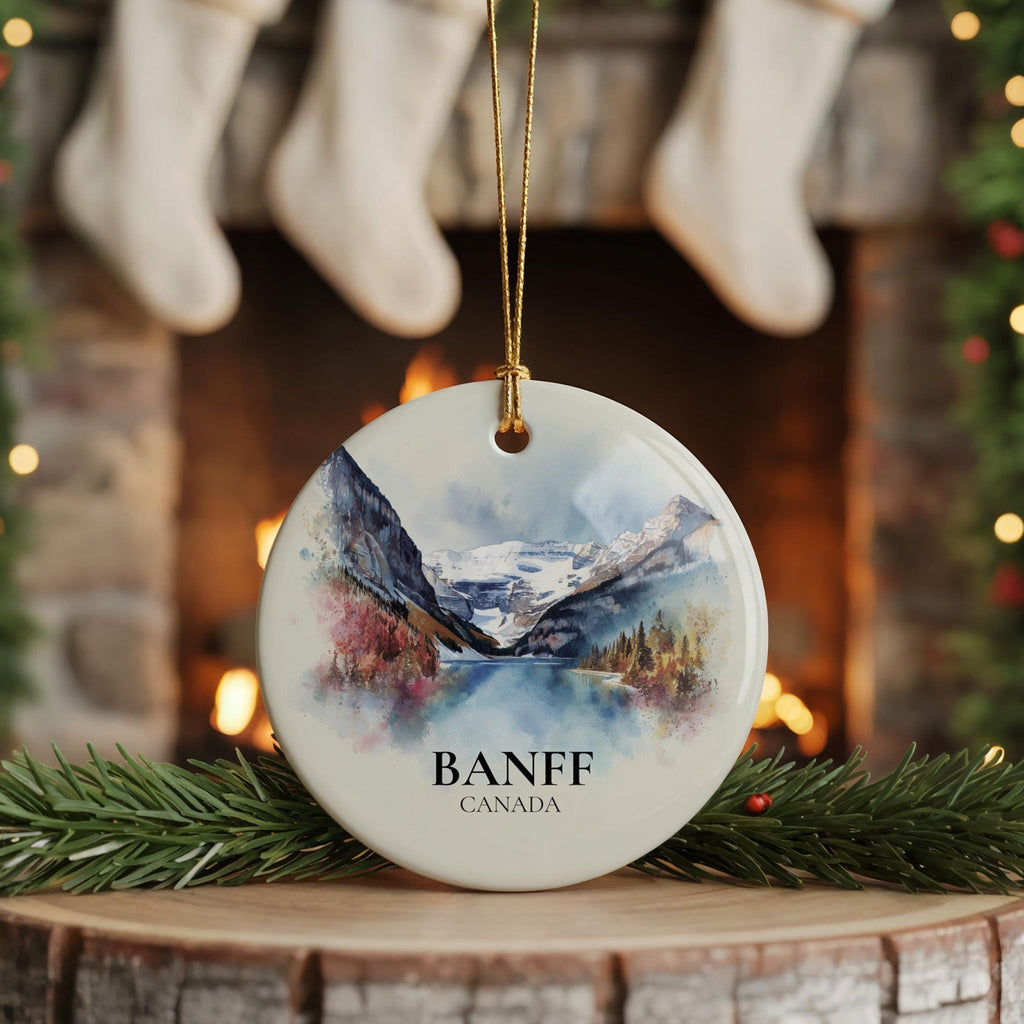 Banff National Park Canada Personalized Watercolor Ornament, Custom Ceramic Christmas gift, Travel Keepsake - CuteBeePix