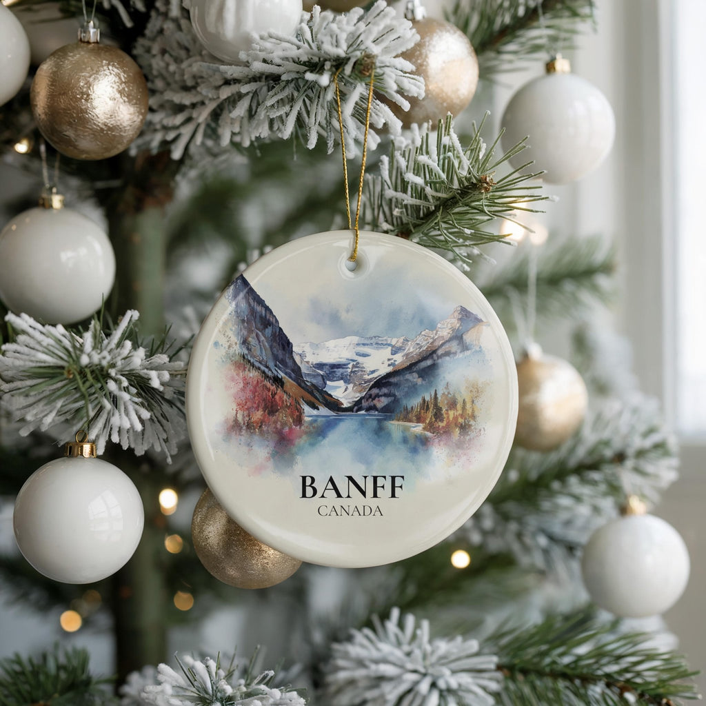 Banff National Park Canada Personalized Watercolor Ornament, Custom Ceramic Christmas gift, Travel Keepsake - CuteBeePix