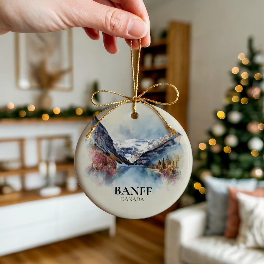 Banff National Park Canada Personalized Watercolor Ornament, Custom Ceramic Christmas gift, Travel Keepsake - CuteBeePix