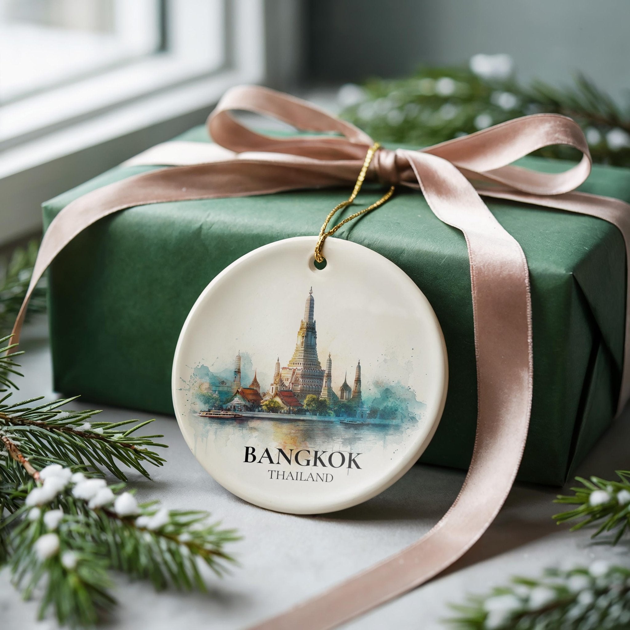 Bangkok Thailand Personalized Watercolor Ornament, Custom Ceramic Christmas gift, Travel Keepsake - CuteBeePix