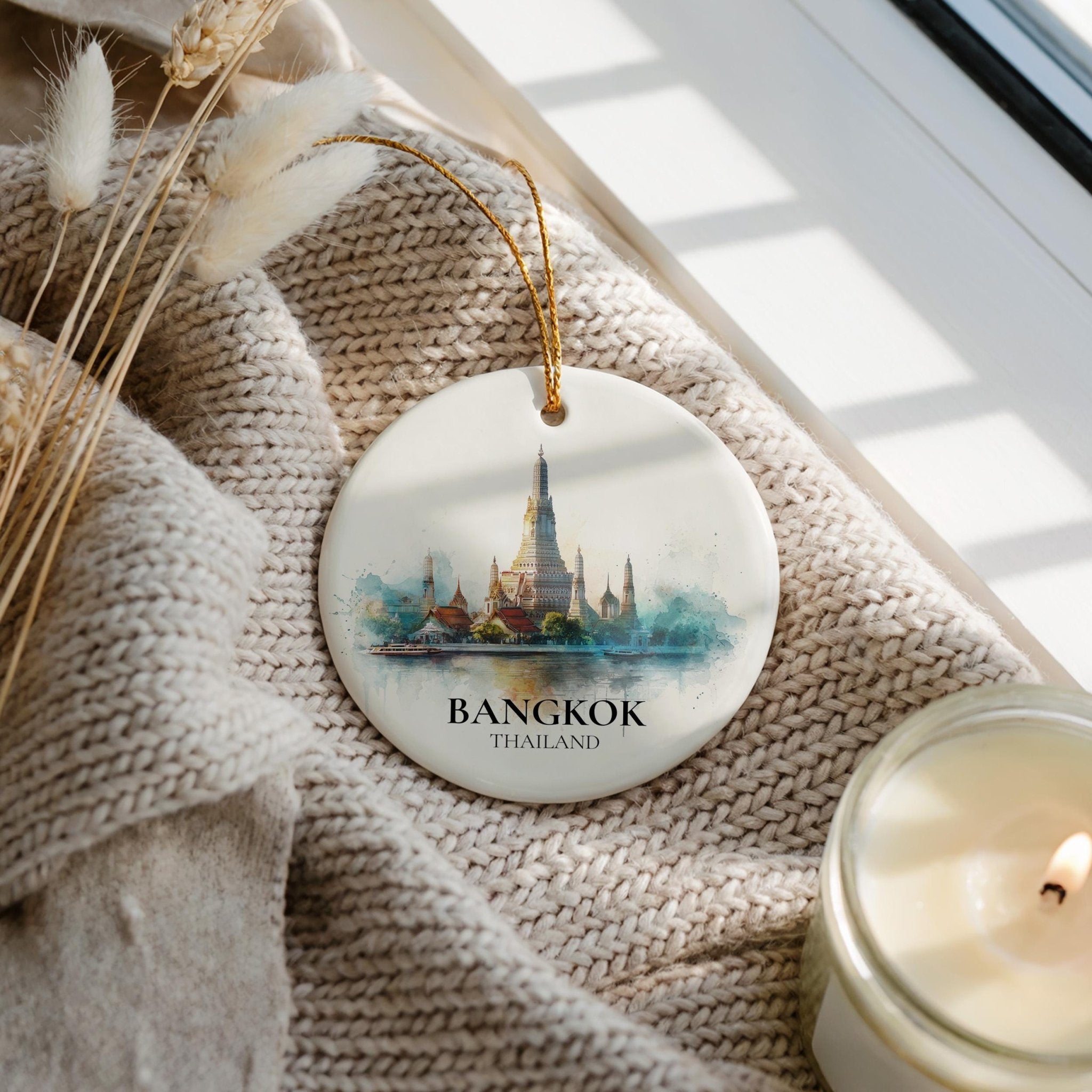 Bangkok Thailand Personalized Watercolor Ornament, Custom Ceramic Christmas gift, Travel Keepsake - CuteBeePix