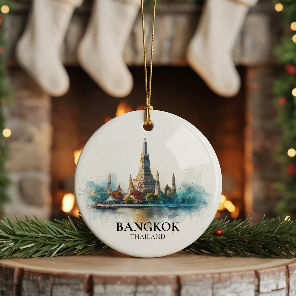 Bangkok Thailand Personalized Watercolor Ornament, Custom Ceramic Christmas gift, Travel Keepsake - CuteBeePix