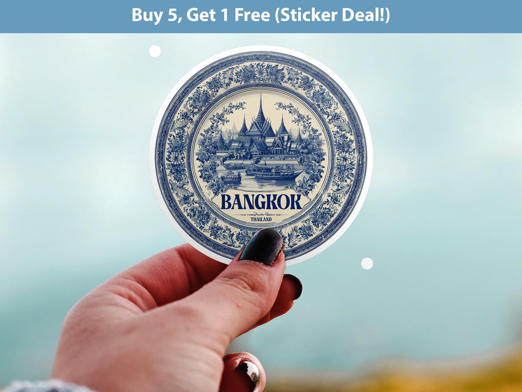 Bangkok Thailand Sticker Vintage Delft style, Delftware Decal Waterproof Vinyl, Blue City Travel - CuteBeePix